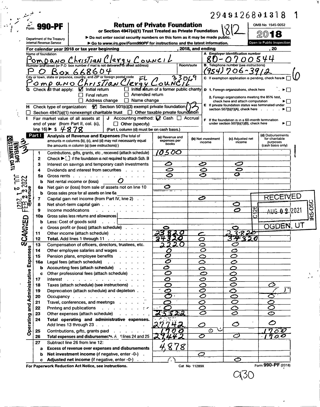 Image of first page of 2018 Form 990PF for The Pompano Christian Clergy Council