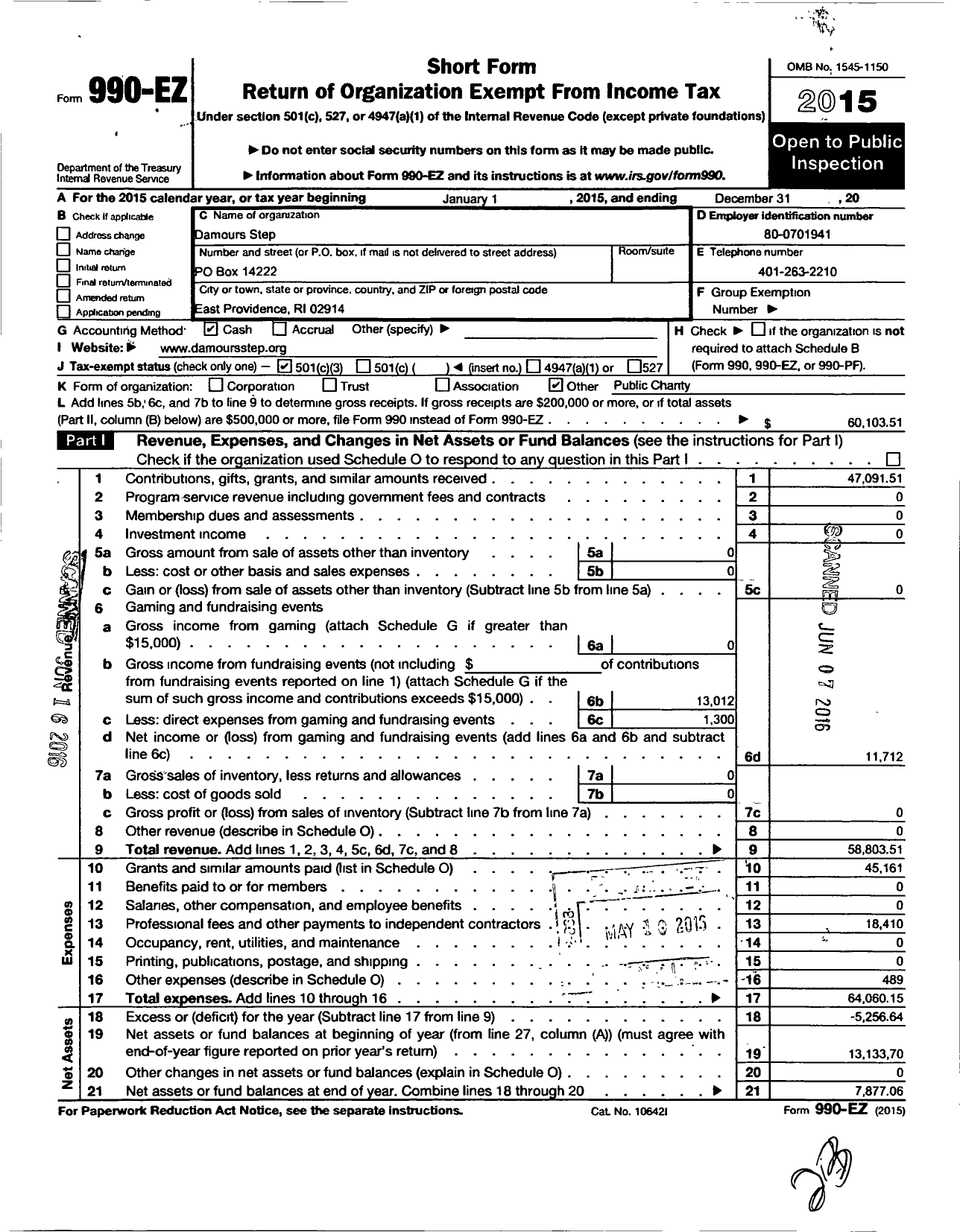 Image of first page of 2015 Form 990EZ for Damours Step