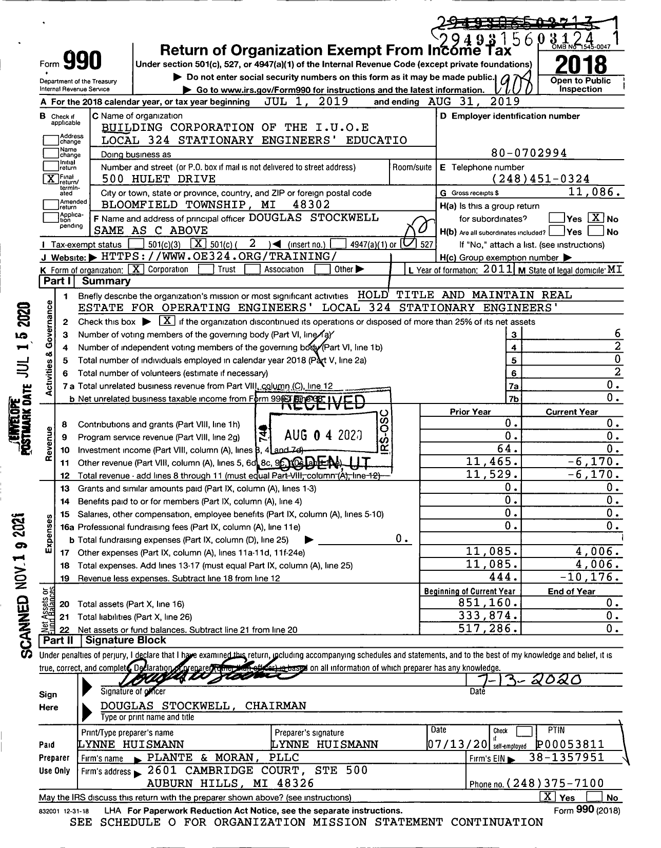 Image of first page of 2018 Form 990O for Building Corporation of the Iuoe Local 324 Stationary Engineers' Educatio