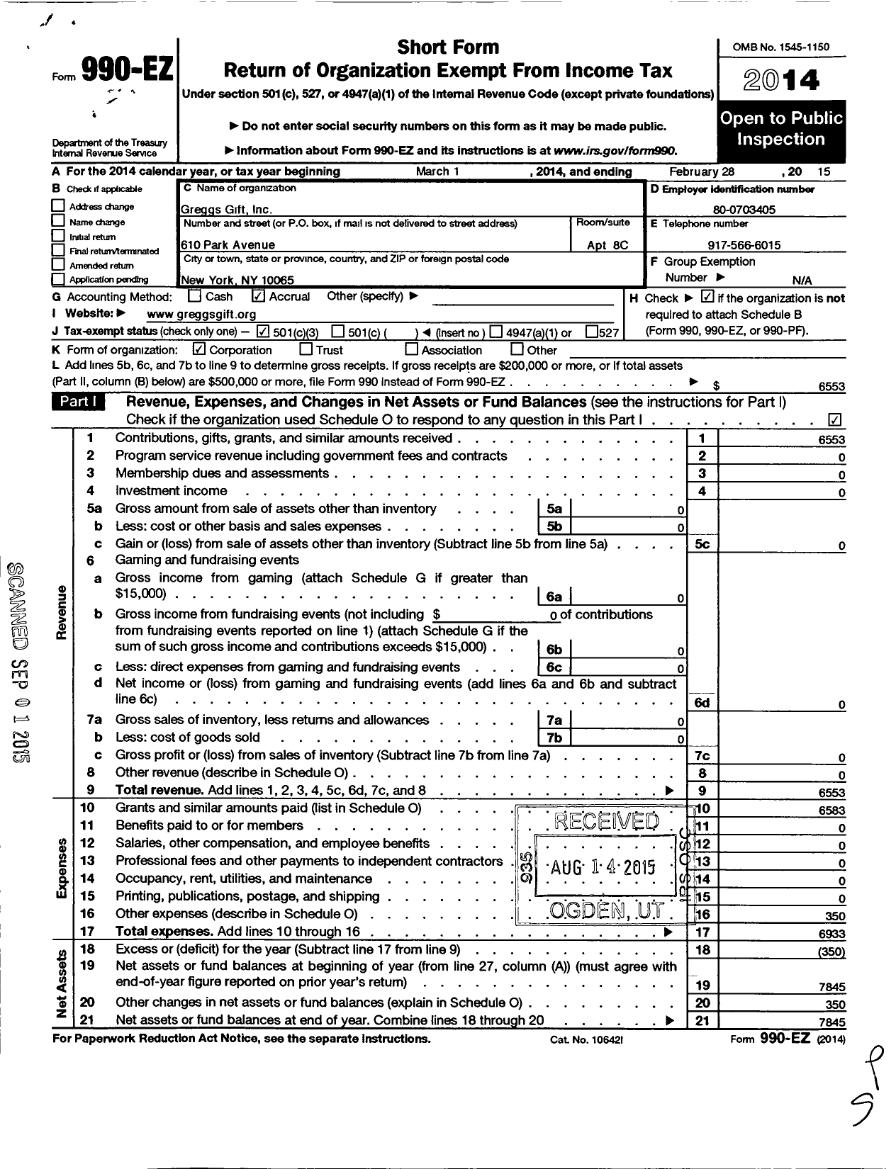 Image of first page of 2014 Form 990EZ for Gregg's Gift