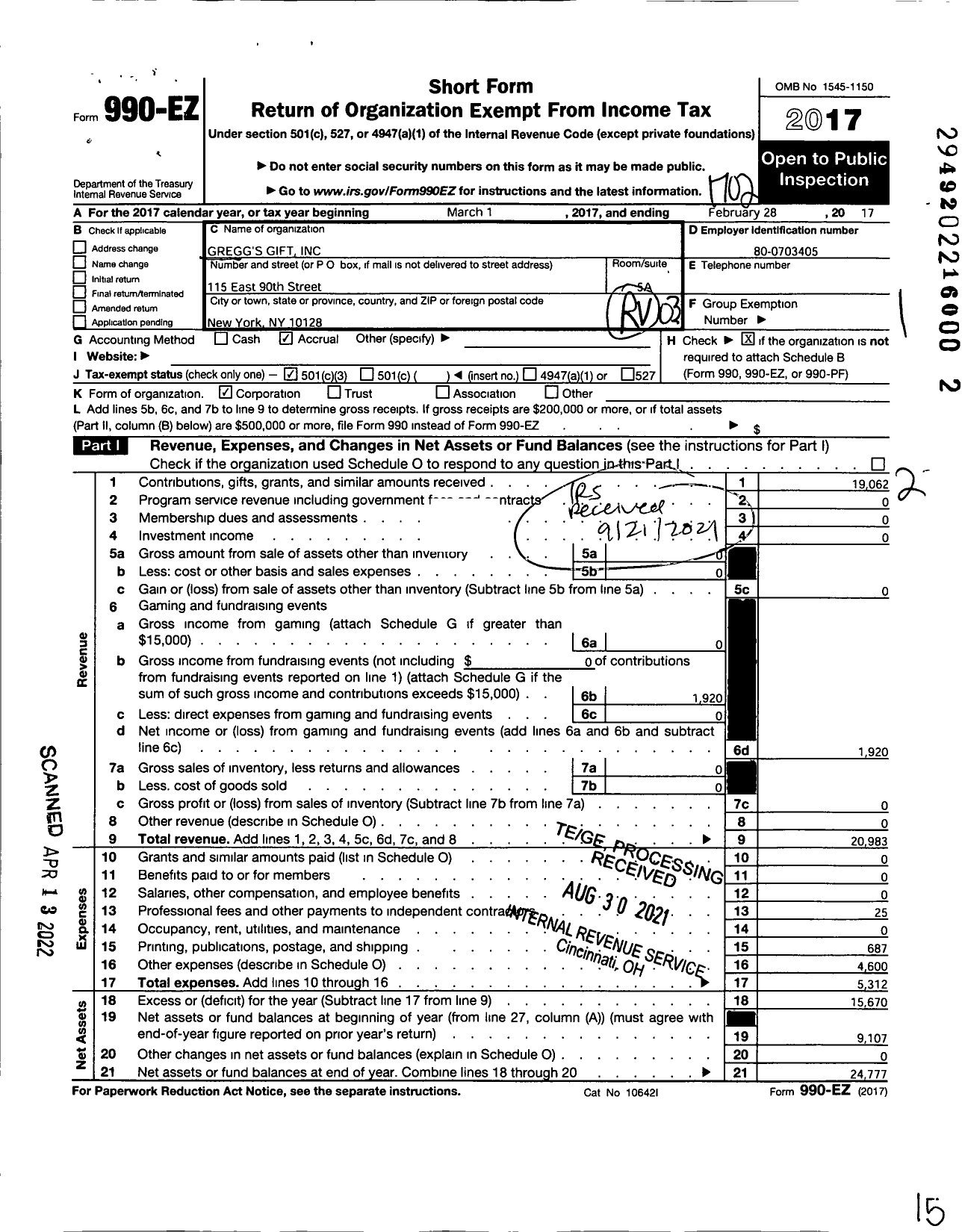 Image of first page of 2016 Form 990EZ for Gregg's Gift