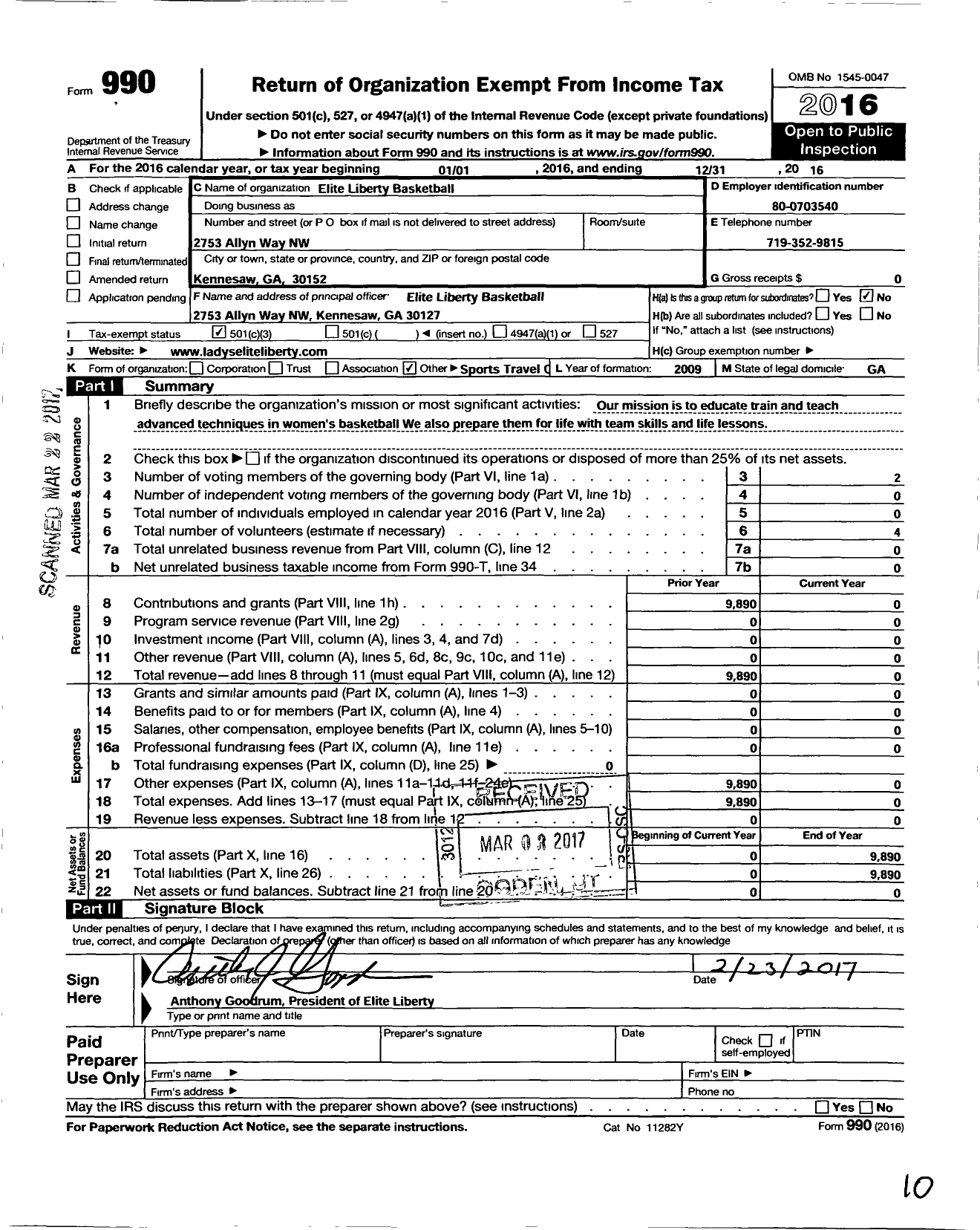 Image of first page of 2016 Form 990 for Elite Liberty Basketball