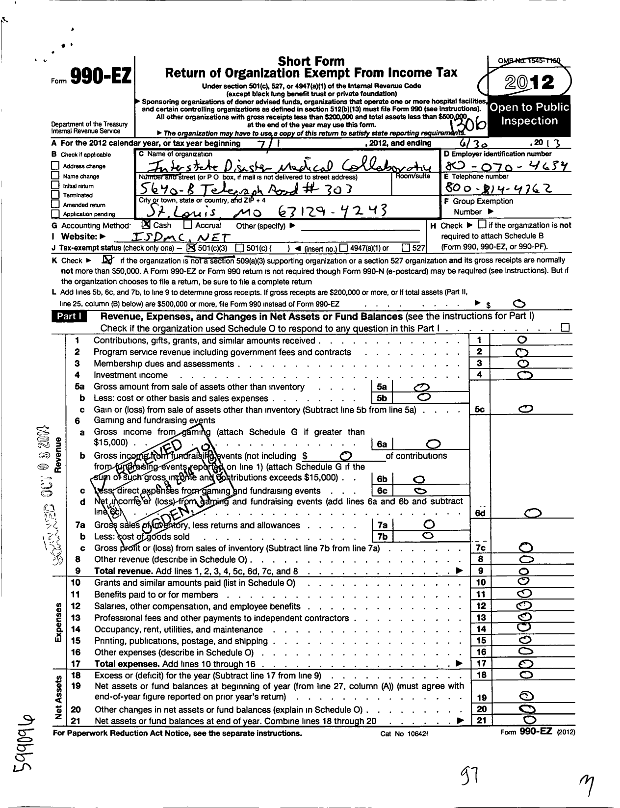 Image of first page of 2012 Form 990EZ for Interstate Disaster Medical Collaborative