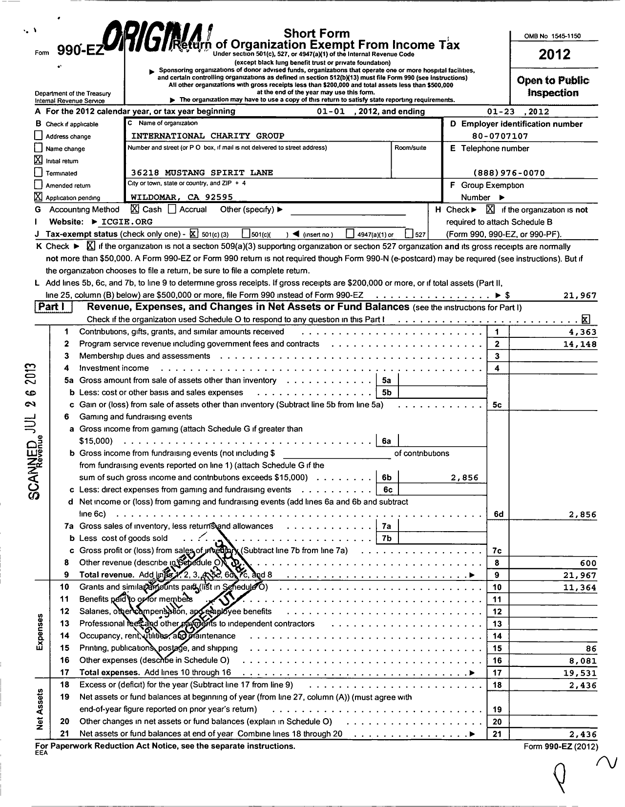 Image of first page of 2011 Form 990EZ for International Charity Group of Inland Empire