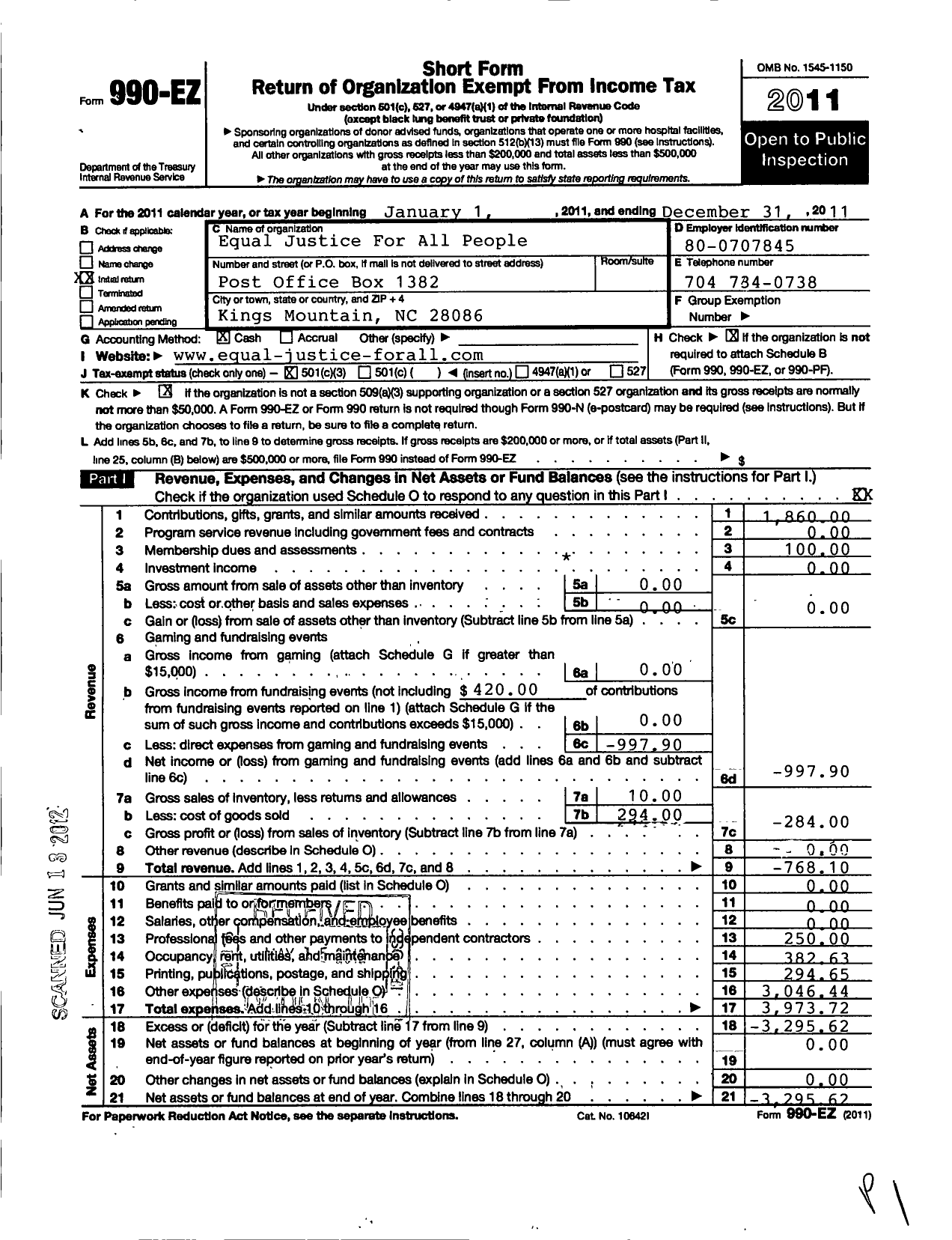 Image of first page of 2011 Form 990EZ for Equal Justice for All People