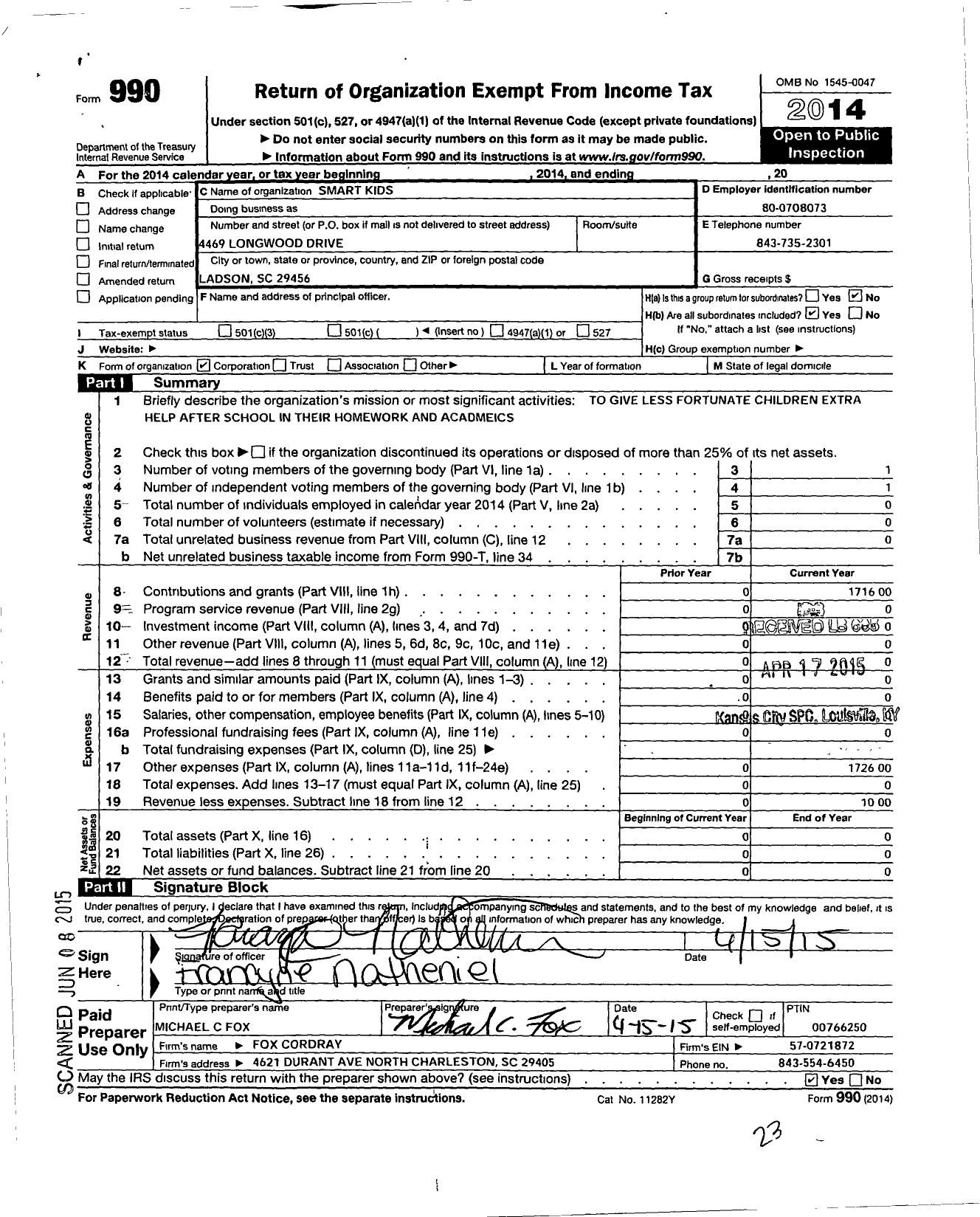 Image of first page of 2014 Form 990O for Smart Kids