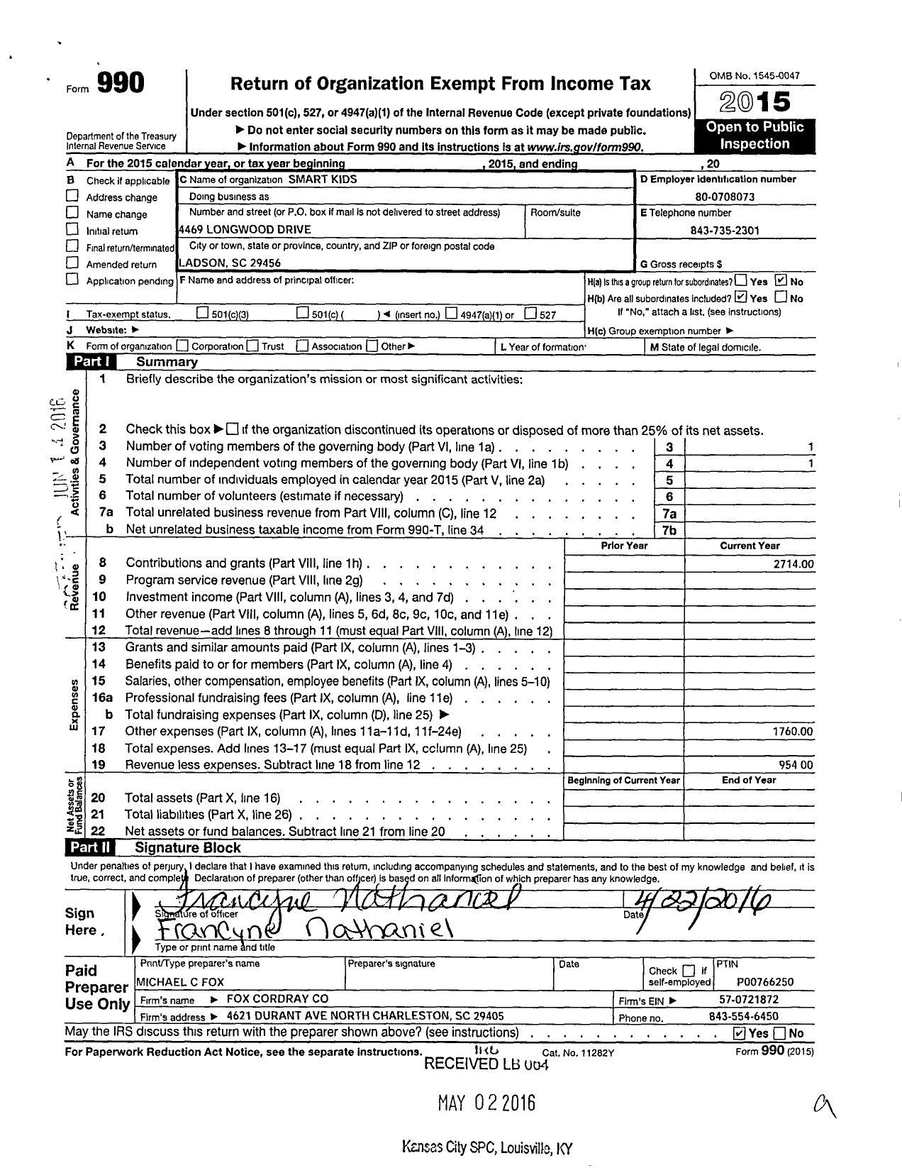 Image of first page of 2015 Form 990O for Smart Kids