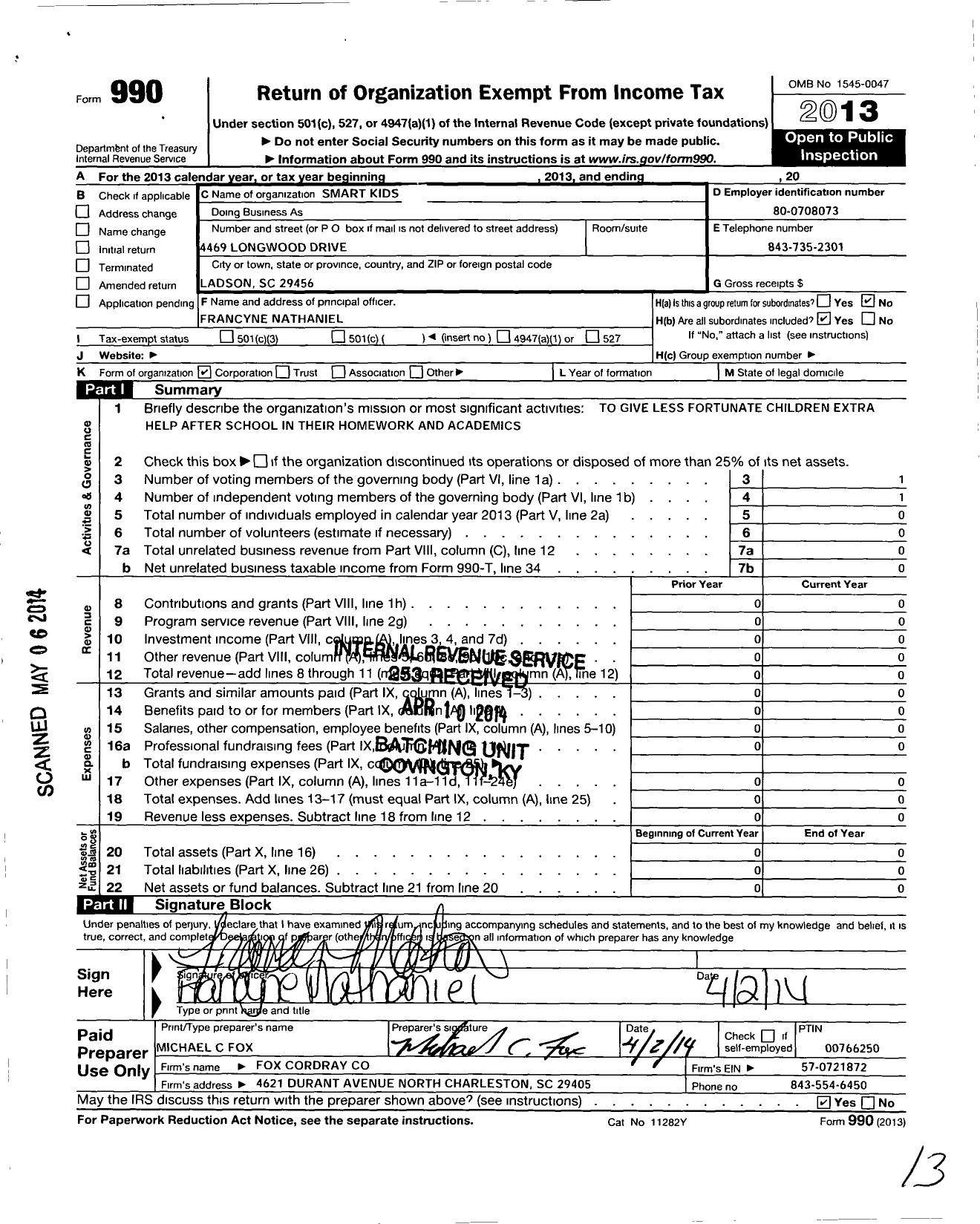 Image of first page of 2013 Form 990O for Smart Kids