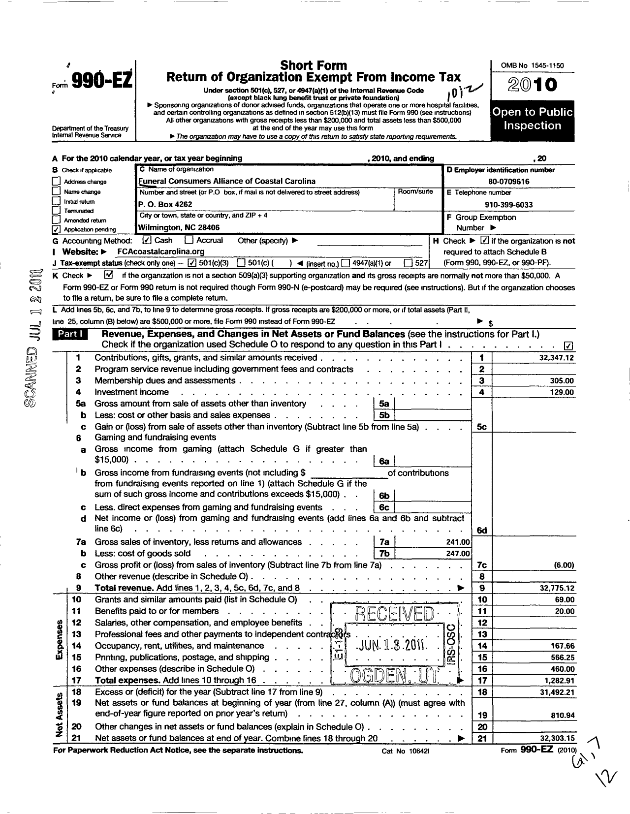 Image of first page of 2010 Form 990EZ for Funeral Consumers Alliance North Carolina