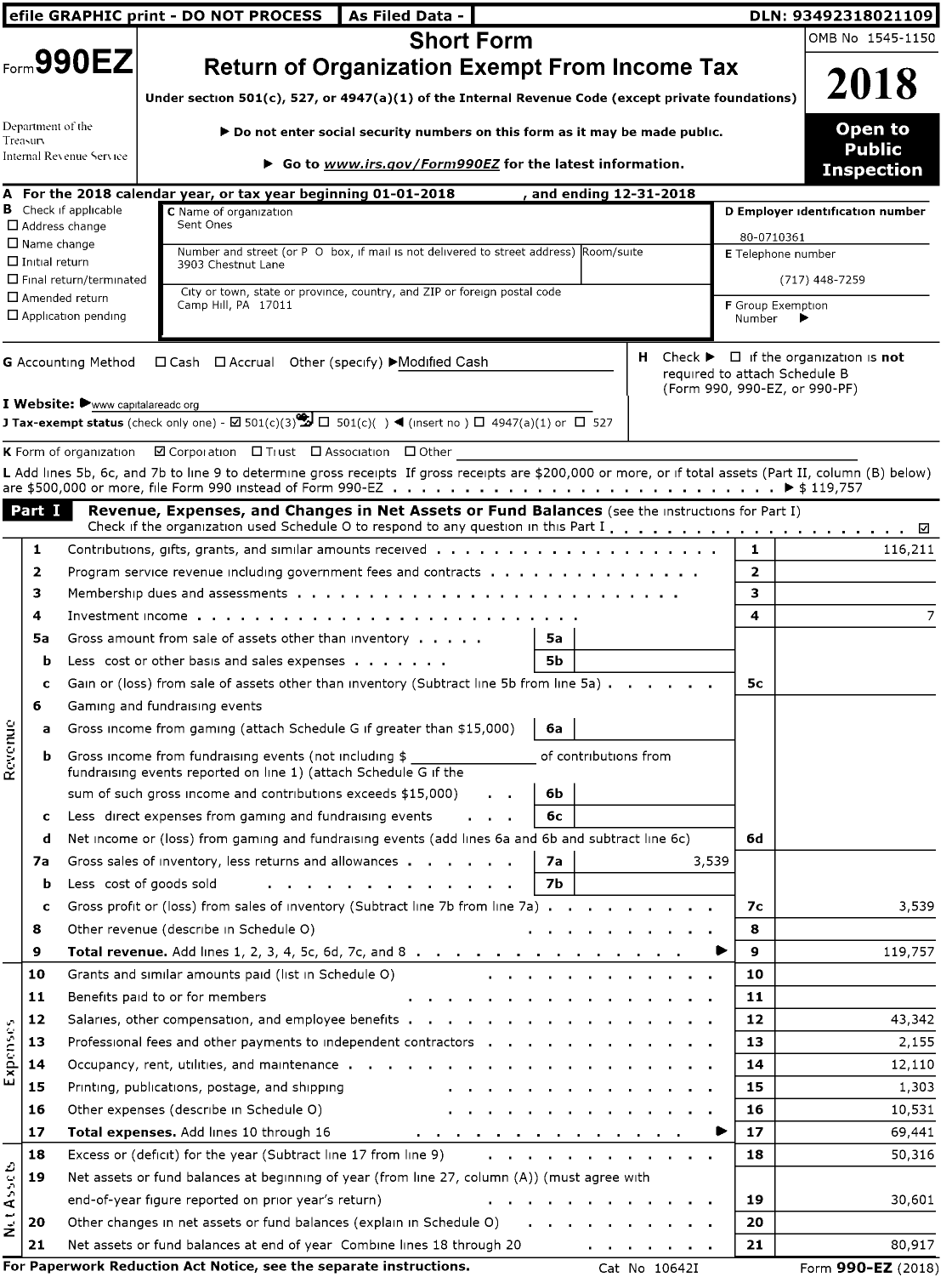 Image of first page of 2018 Form 990EZ for Sent Ones