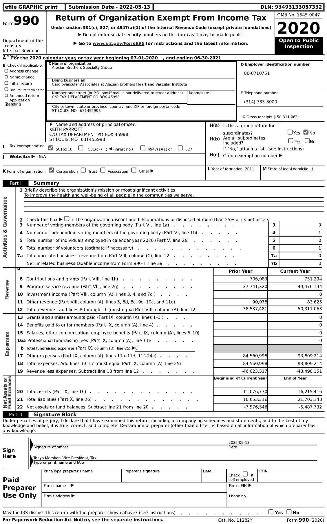 Image of first page of 2020 Form 990 for Cardiovascular Associates at Alexian Brothers Heart and Vascular Institute (ABHS)