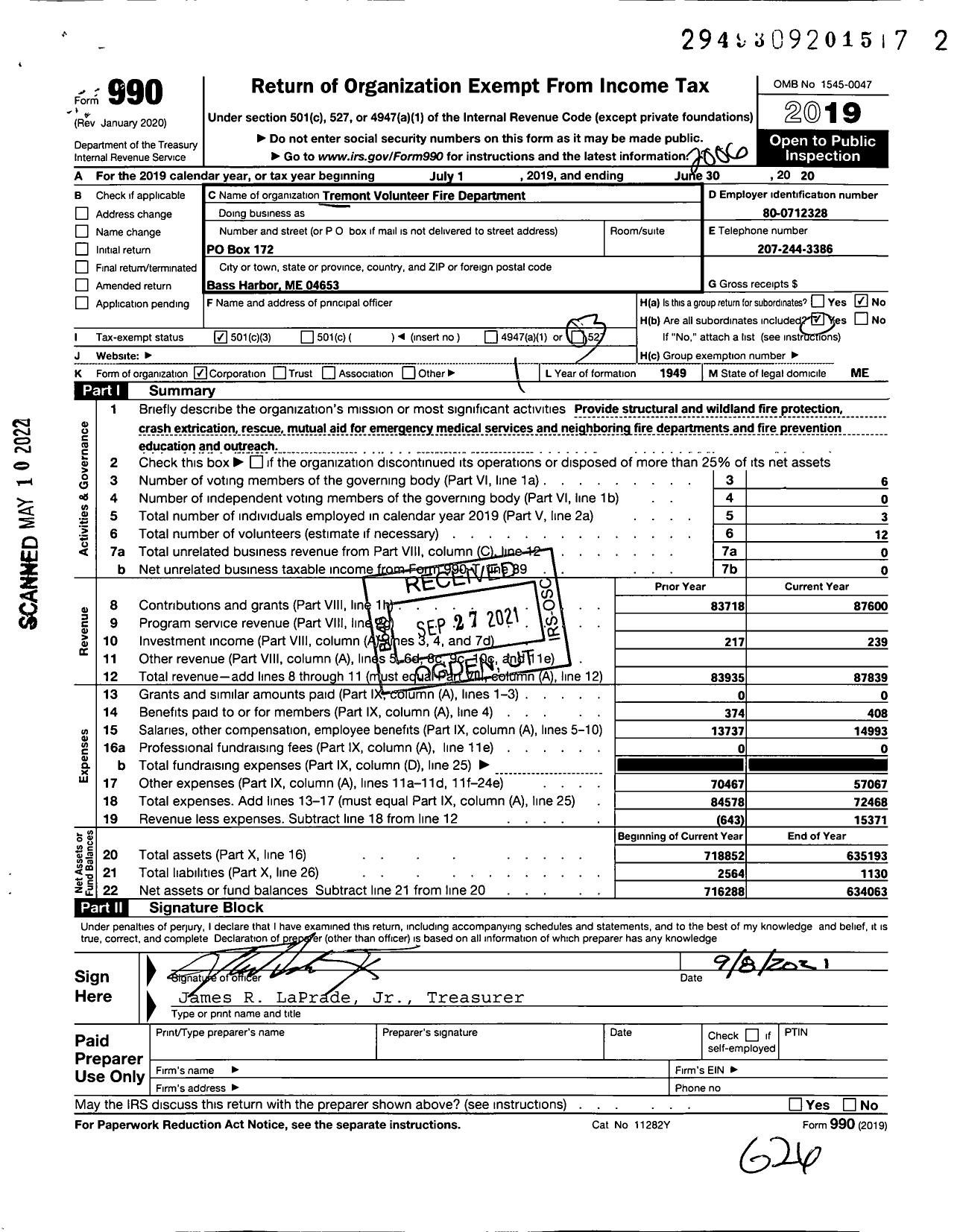 Image of first page of 2019 Form 990 for Tremont Volunteer Fire Department