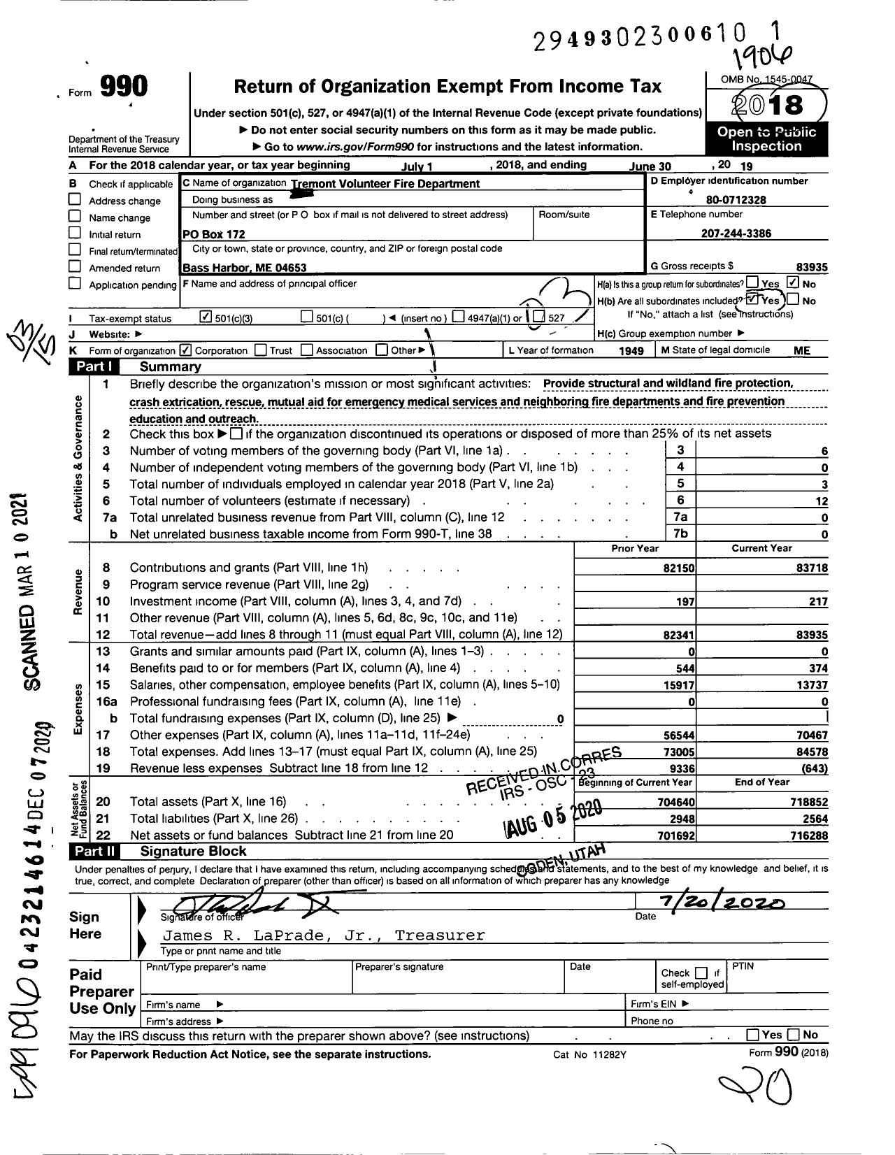 Image of first page of 2018 Form 990 for Tremont Volunteer Fire Department