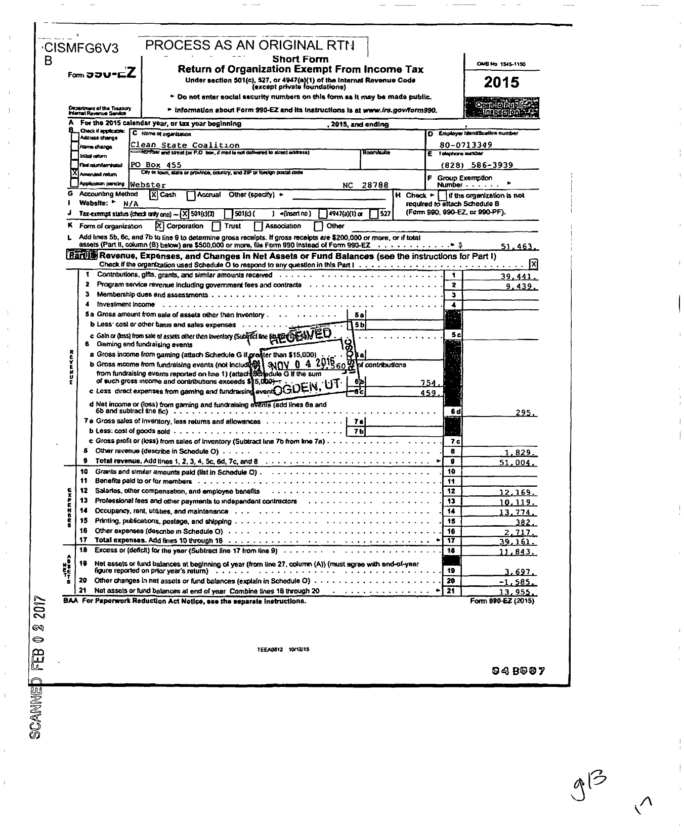 Image of first page of 2015 Form 990EZ for Clean State Coalition