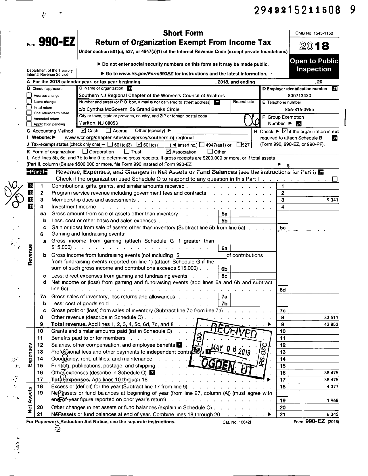 Image of first page of 2018 Form 990EO for Southern NJ Regional Chapter Of Womens Council Of Realtors