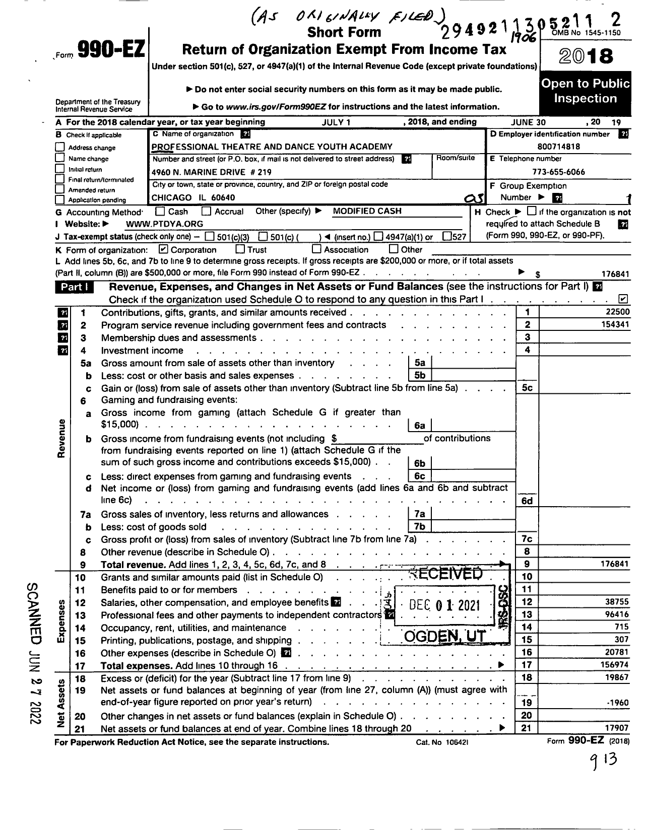 Image of first page of 2018 Form 990EZ for Professional Theatre and Dance Youth Academy