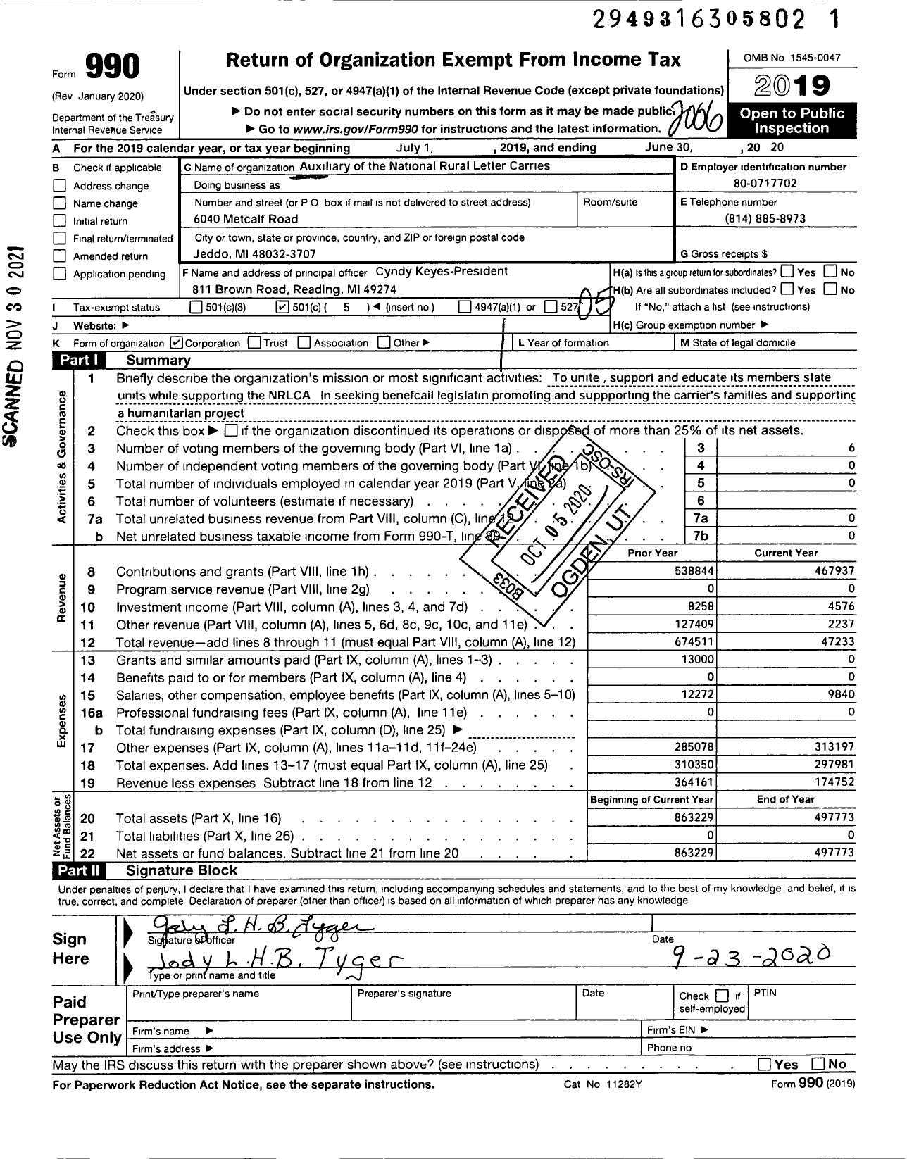 Image of first page of 2019 Form 990O for Auxiliary of the National Rural Letter Carriers