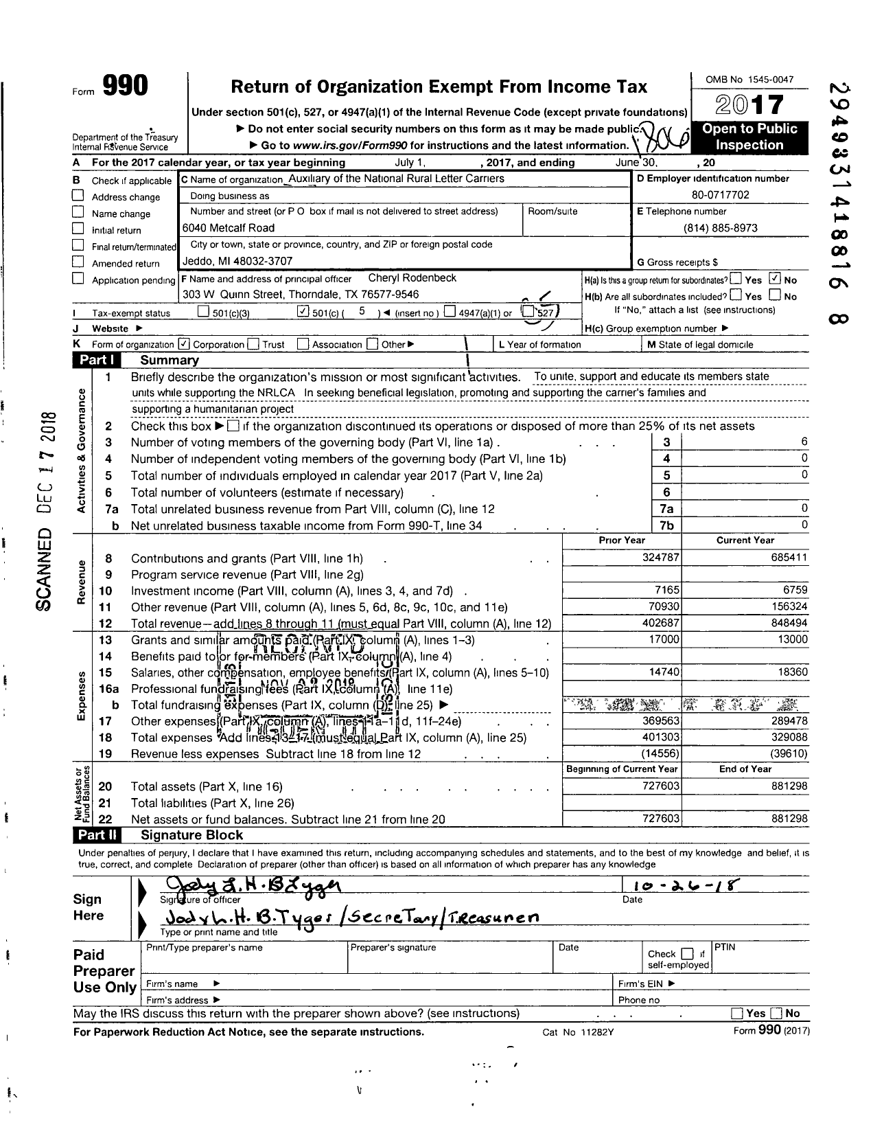 Image of first page of 2017 Form 990O for Auxiliary of the National Rural Letter Carriers