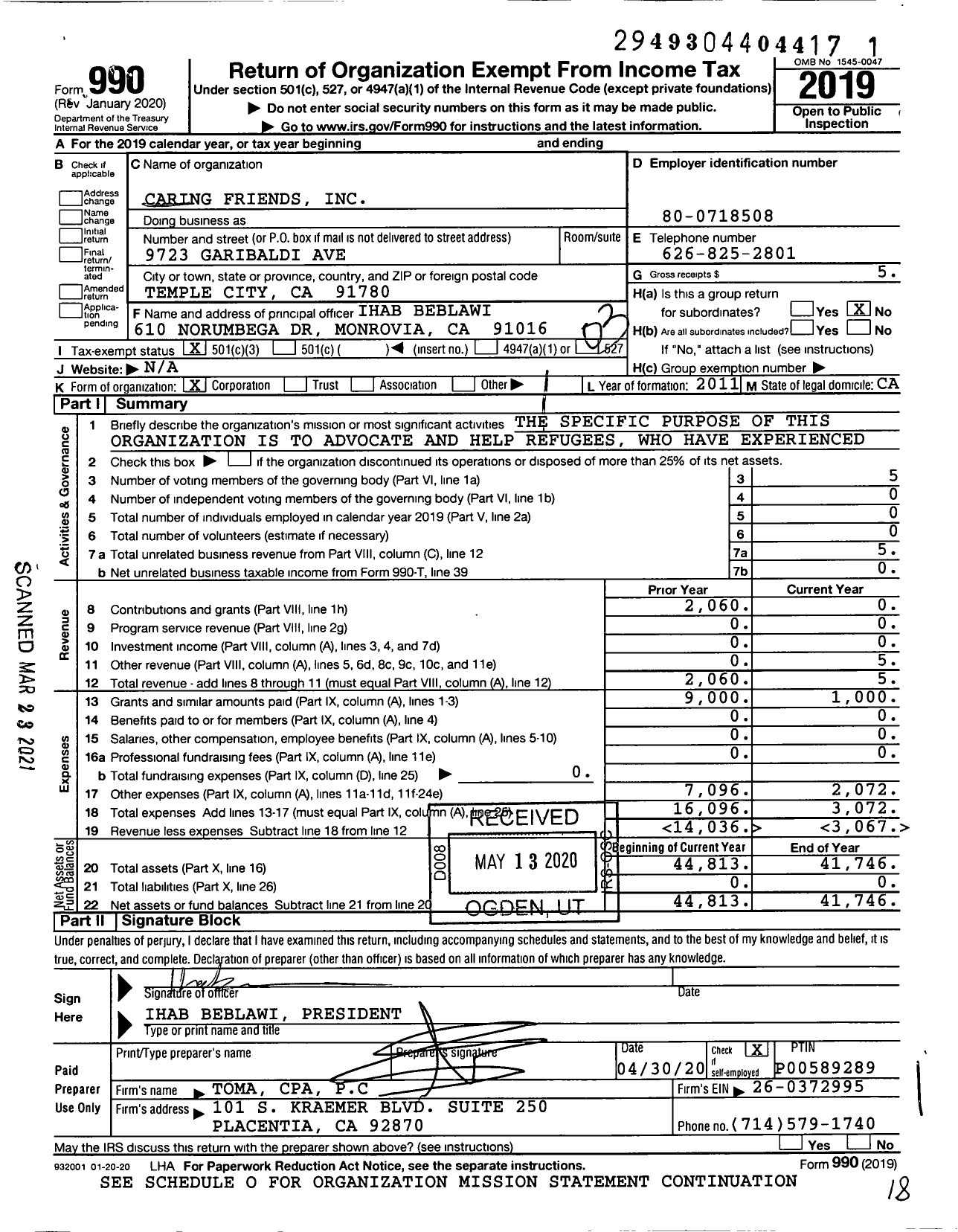 Image of first page of 2019 Form 990 for Caring Friends