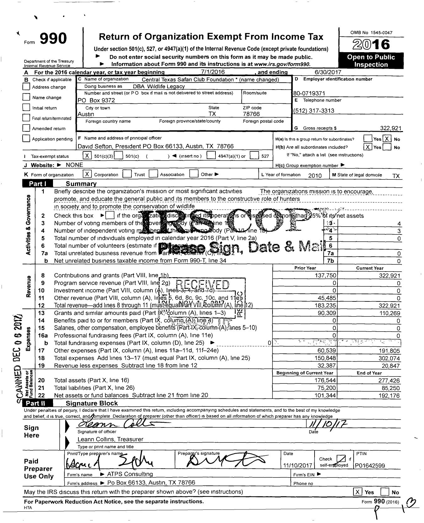 Image of first page of 2016 Form 990 for Central Texas Safari Club Foundation