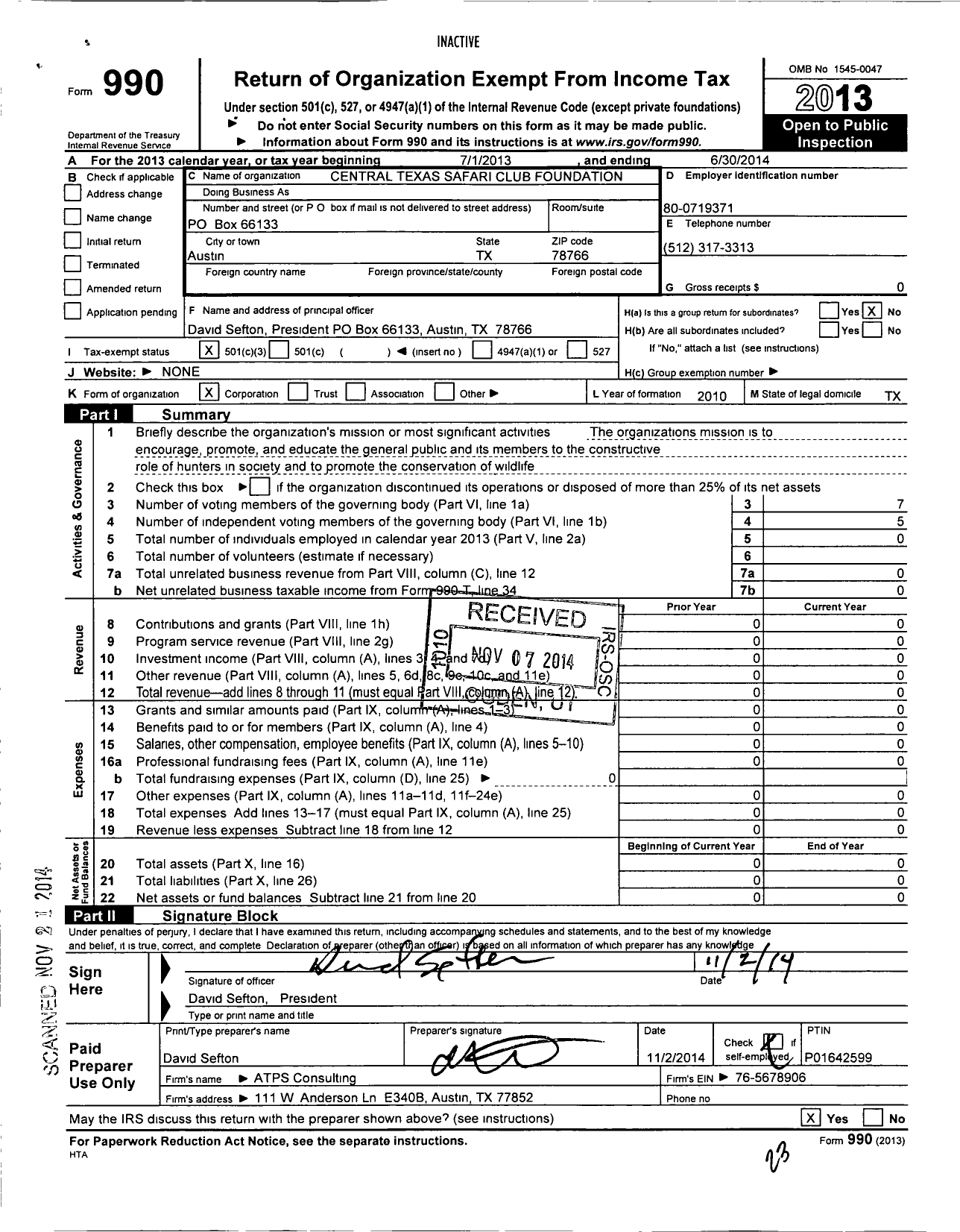 Image of first page of 2013 Form 990 for Central Texas Safari Club Foundation