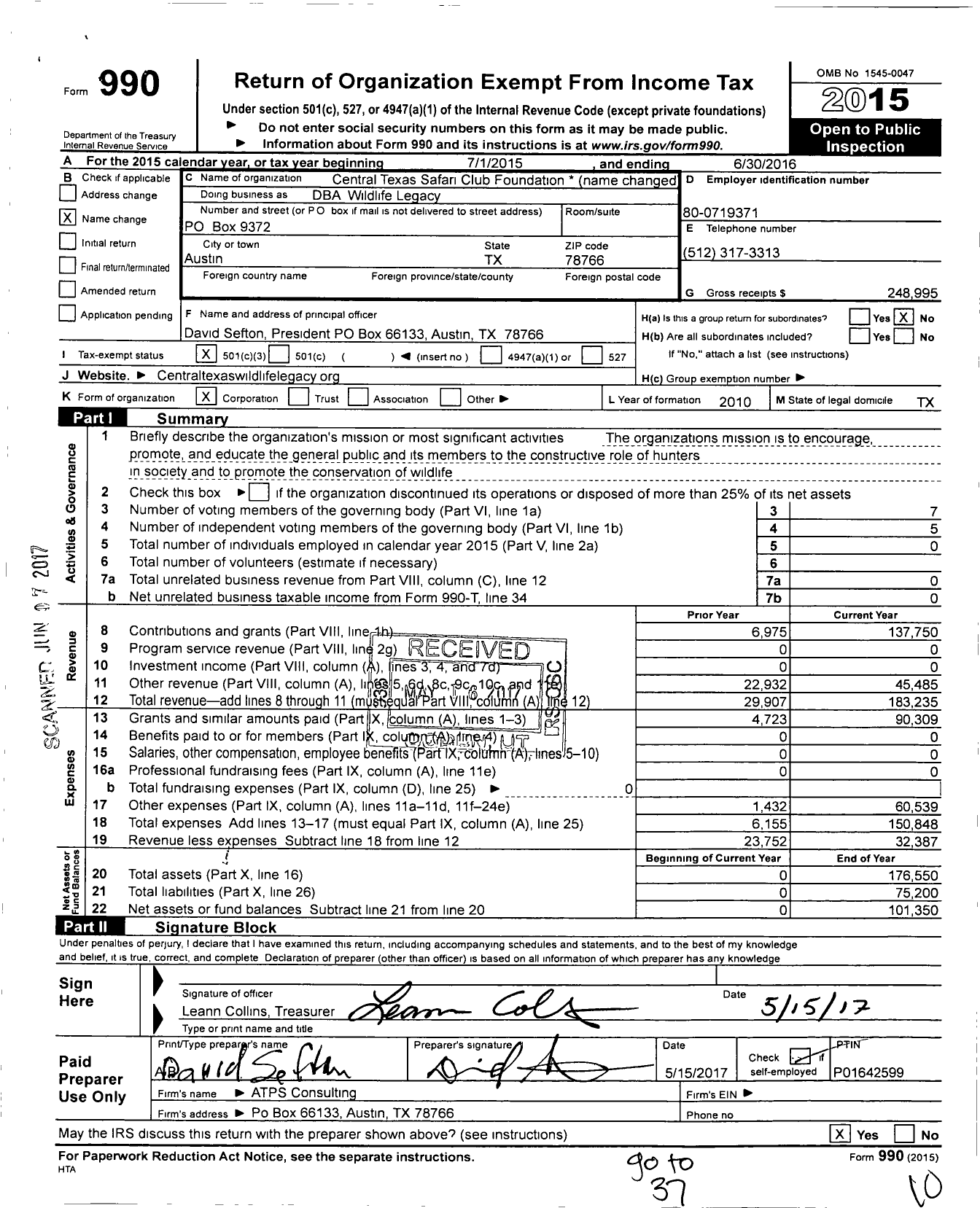 Image of first page of 2015 Form 990 for Central Texas Safari Club Foundation