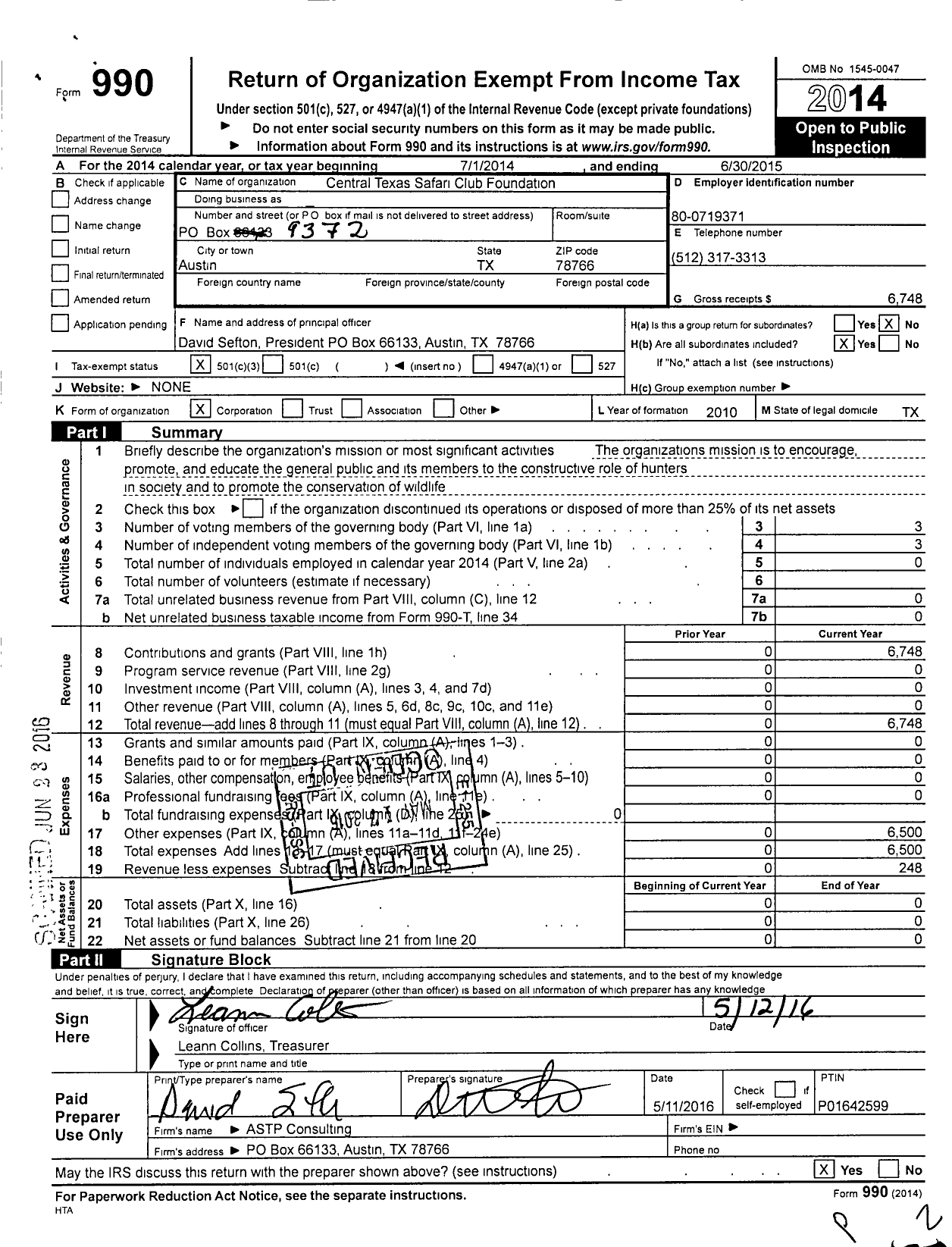 Image of first page of 2014 Form 990 for Central Texas Safari Club Foundation