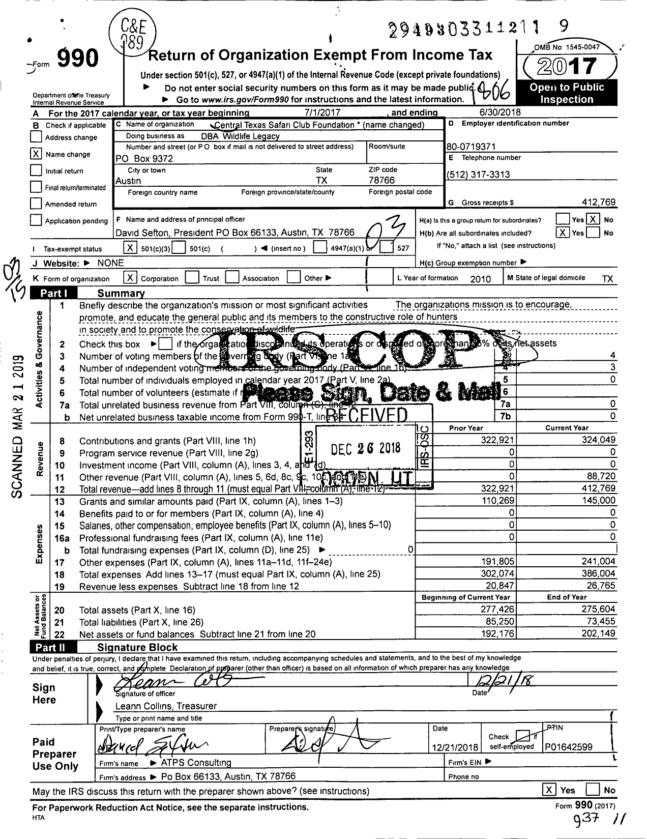 Image of first page of 2017 Form 990 for Central Texas Safari Club Foundation