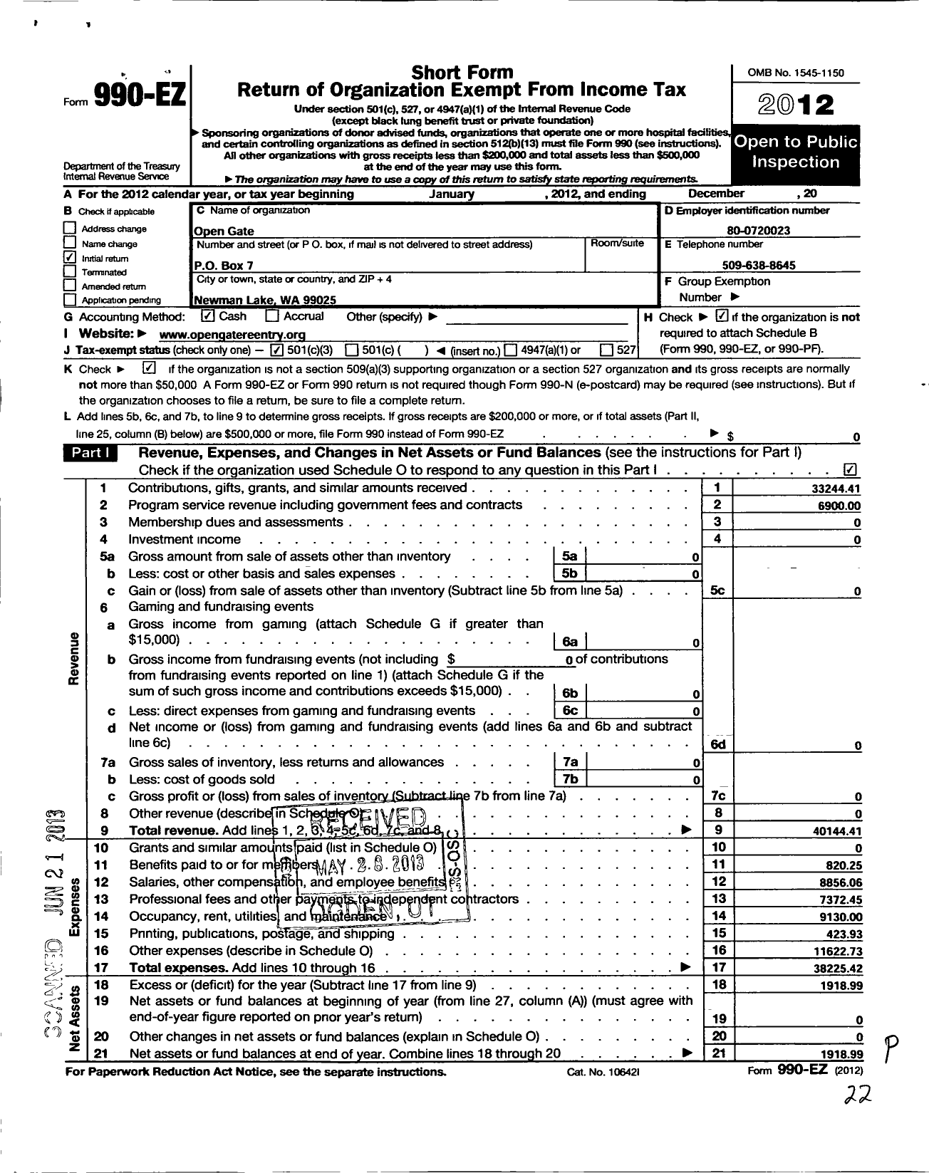 Image of first page of 2012 Form 990EZ for Open Gate