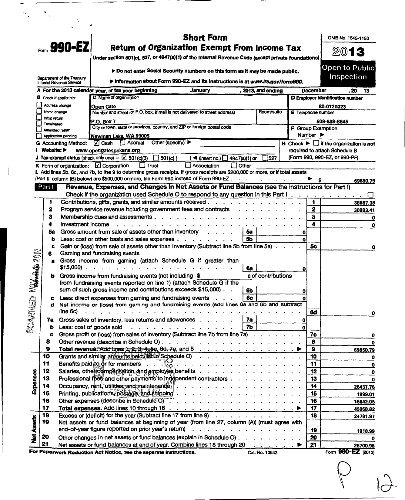 Image of first page of 2013 Form 990EZ for Open Gate