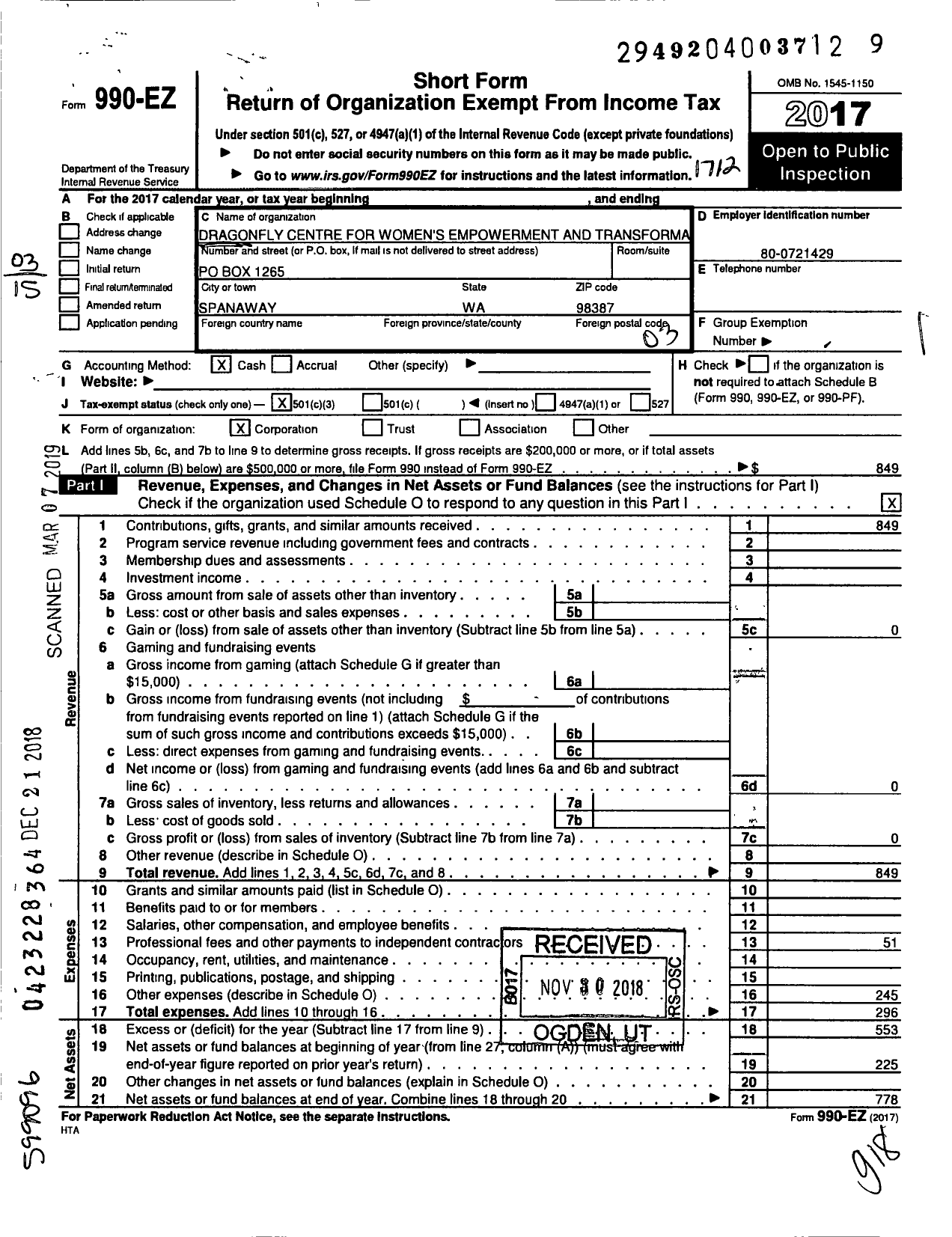 Image of first page of 2017 Form 990EZ for Dragonfly Centre for Womens Empowerment and Transformation