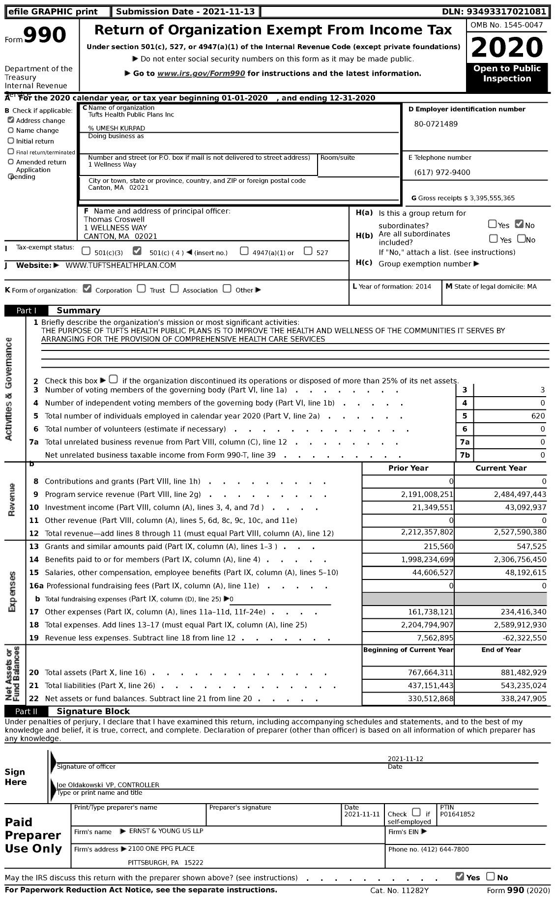 Image of first page of 2020 Form 990 for Tufts Health Public Plans