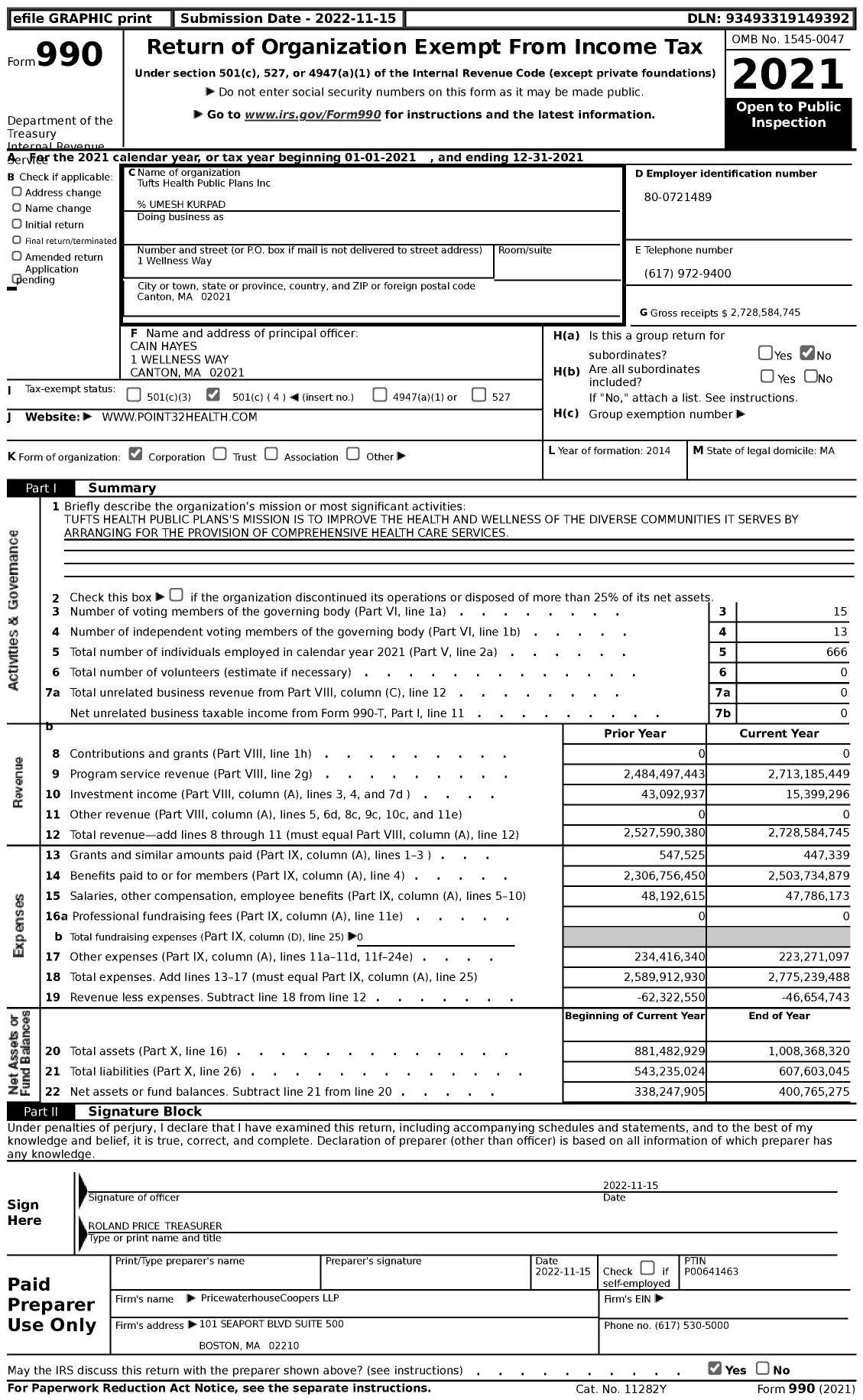 Image of first page of 2021 Form 990 for Tufts Health Public Plans