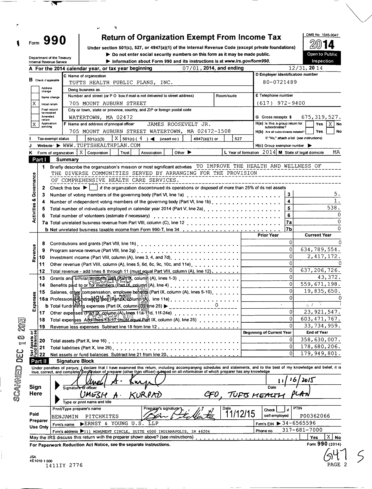 Image of first page of 2014 Form 990O for Tufts Health Public Plans