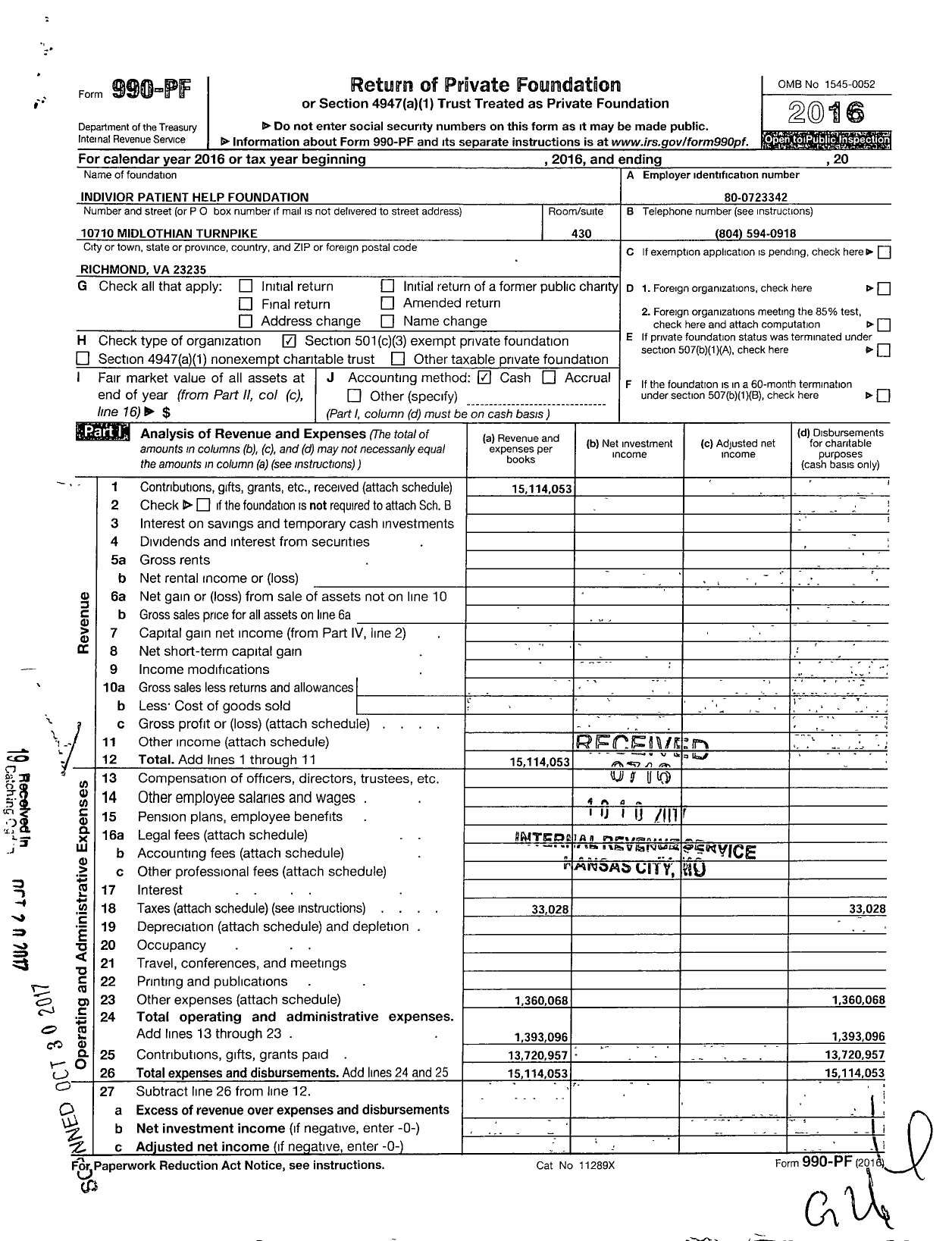 Image of first page of 2016 Form 990PF for Indivior Patient Help Foundation