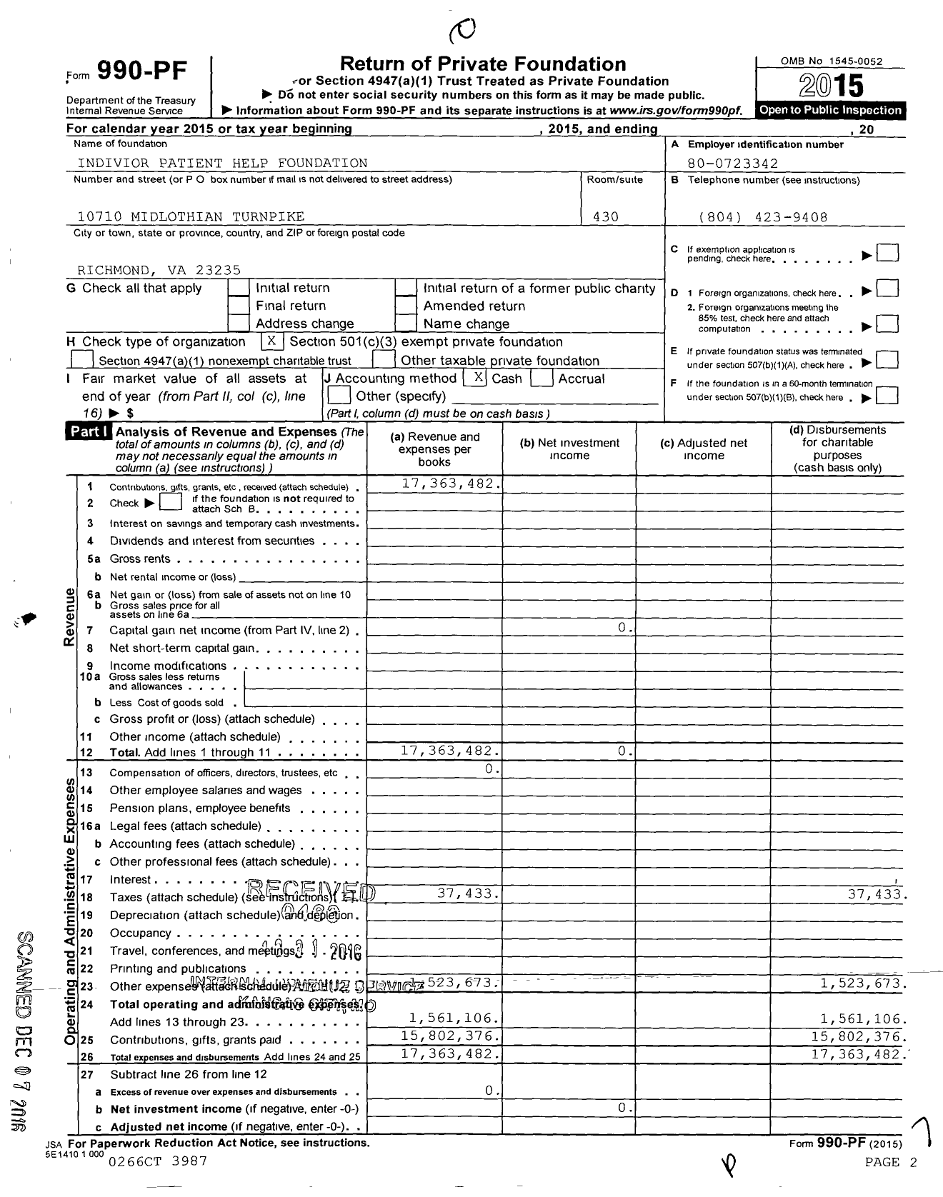 Image of first page of 2015 Form 990PF for Indivior Patient Help Foundation