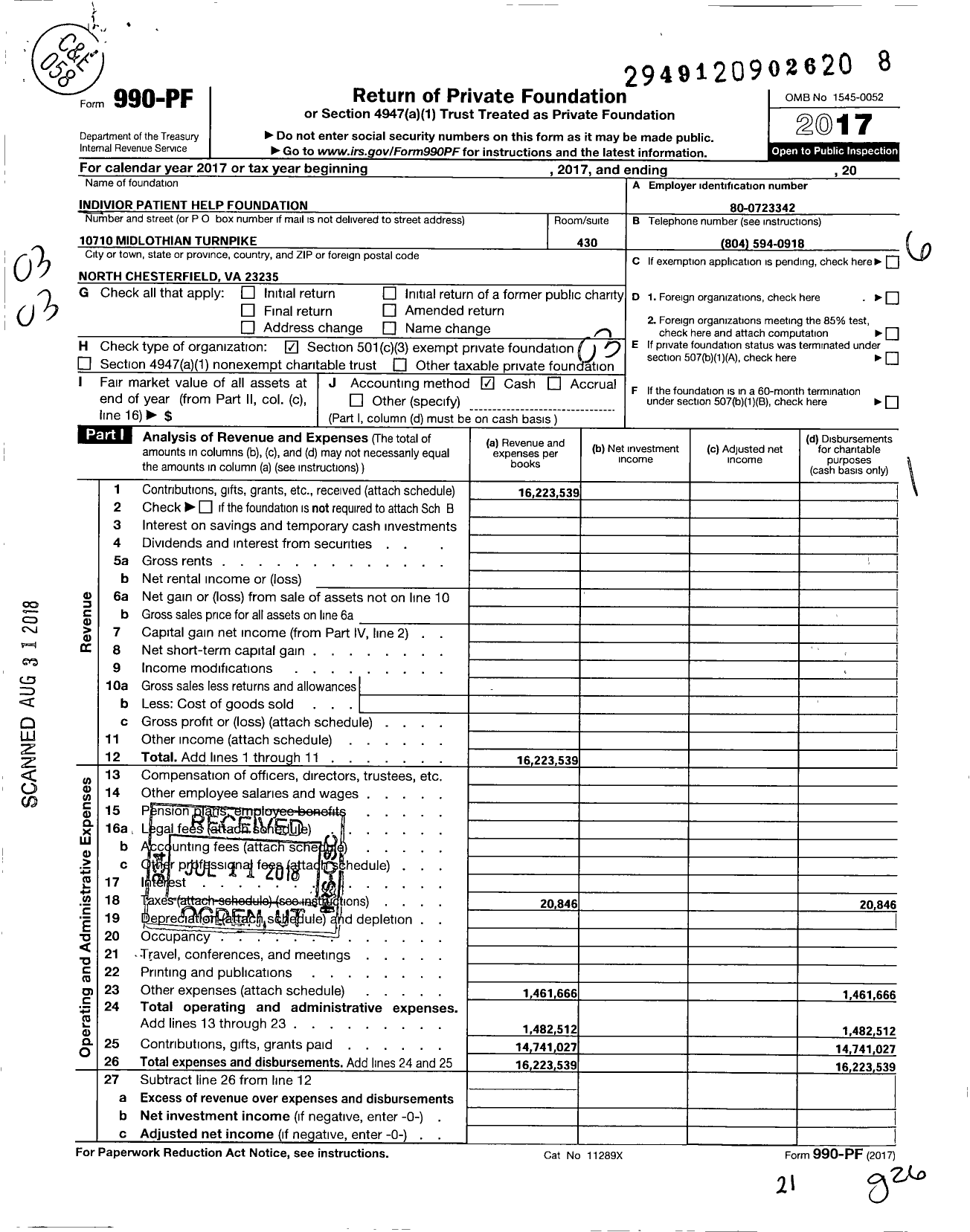 Image of first page of 2017 Form 990PF for Indivior Patient Help Foundation