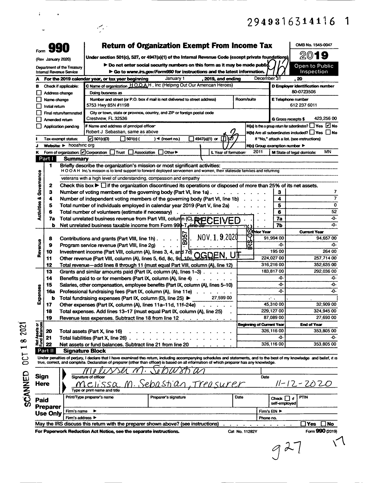 Image of first page of 2019 Form 990 for Hooah