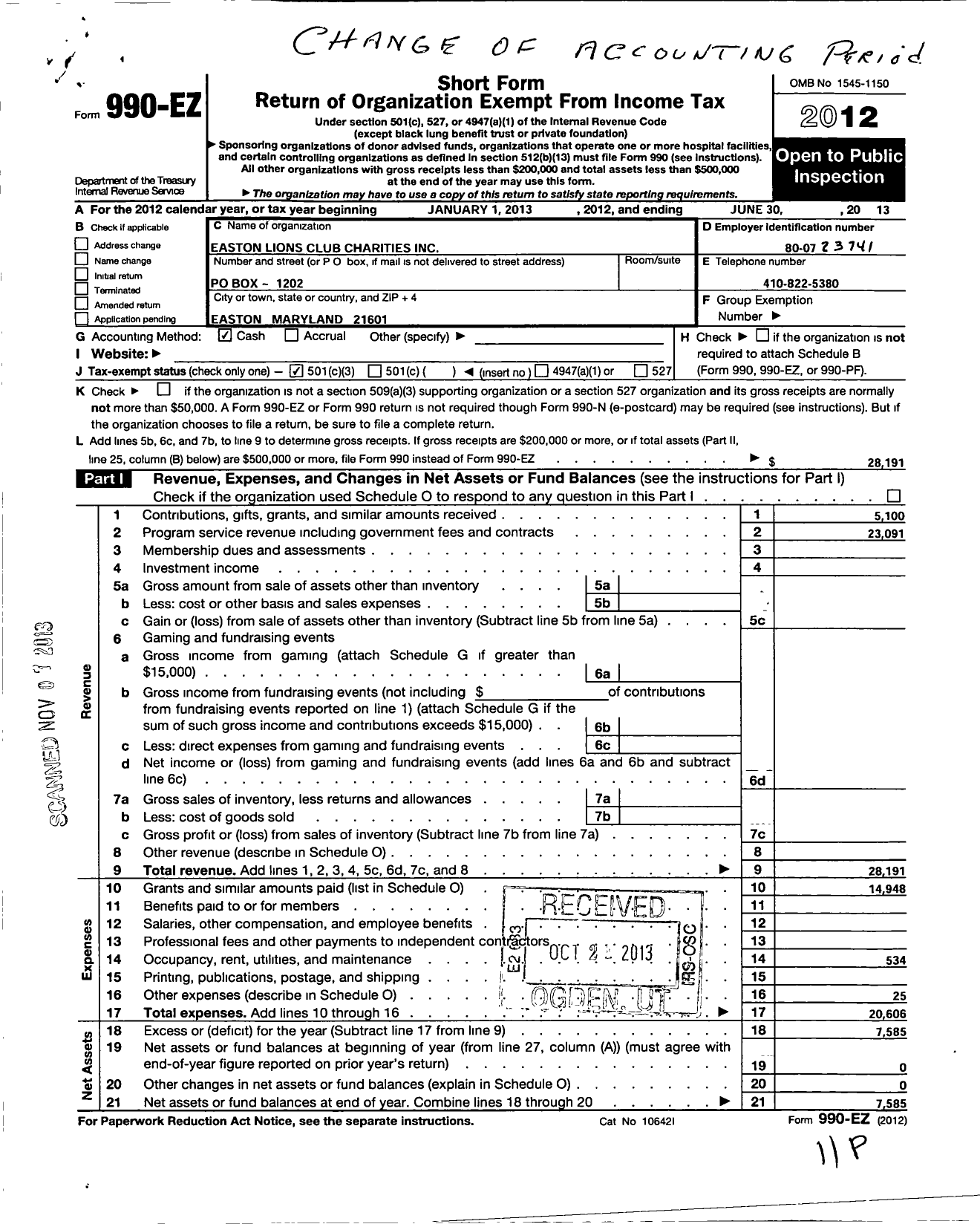 Image of first page of 2012 Form 990EZ for Easton Lions Charities