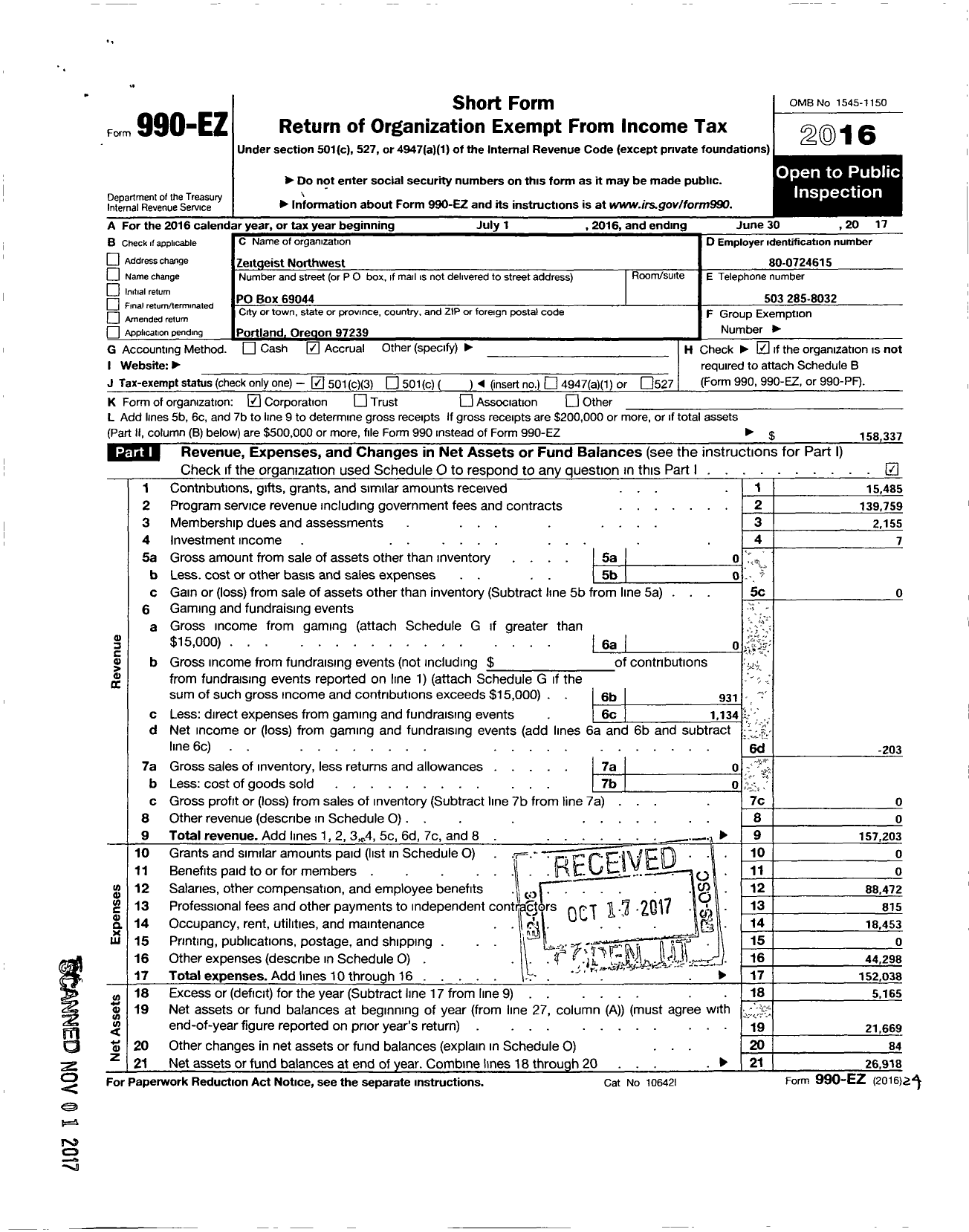 Image of first page of 2016 Form 990EZ for Zeitgeist Northwest