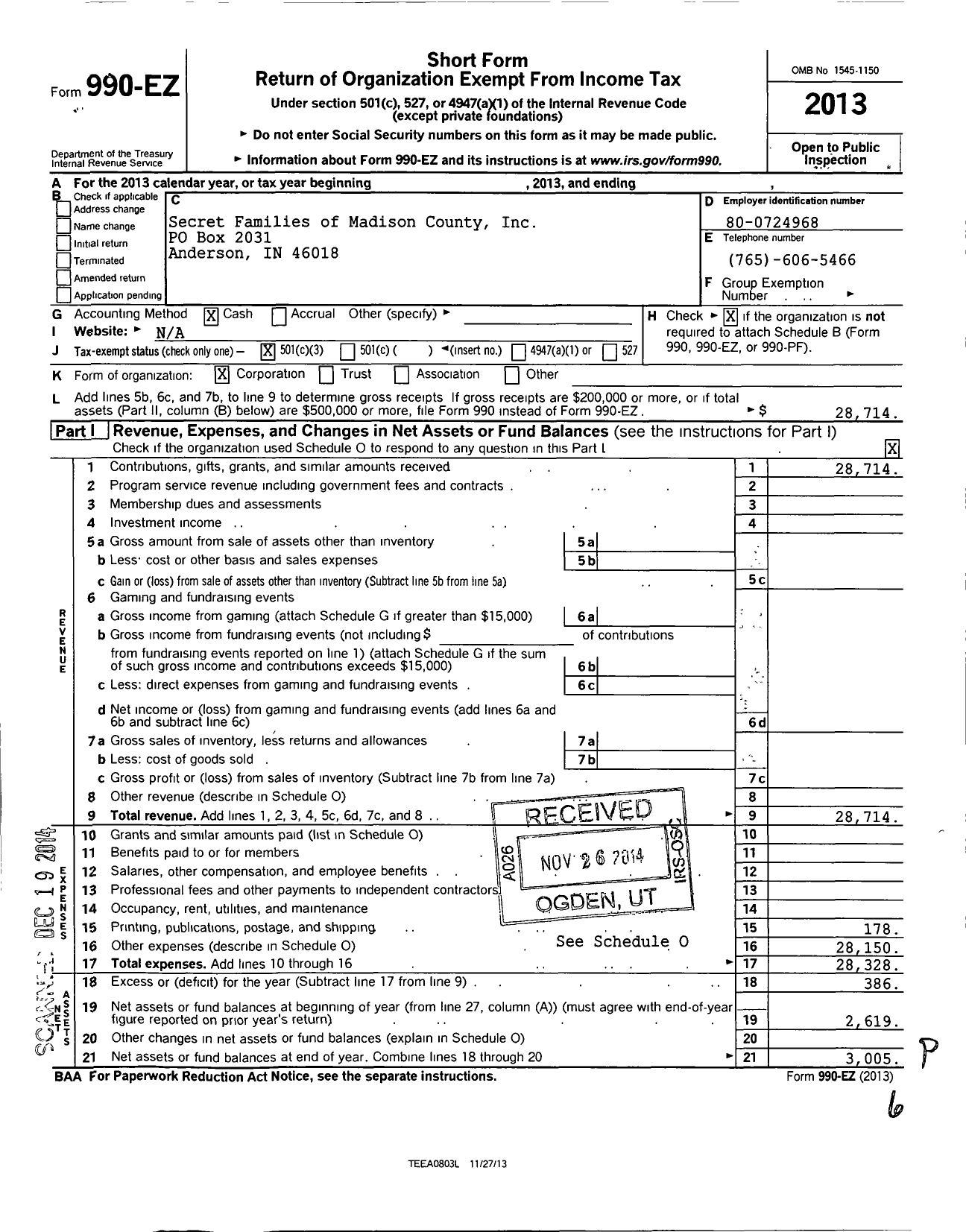 Image of first page of 2013 Form 990EZ for Secret Families of Madison County