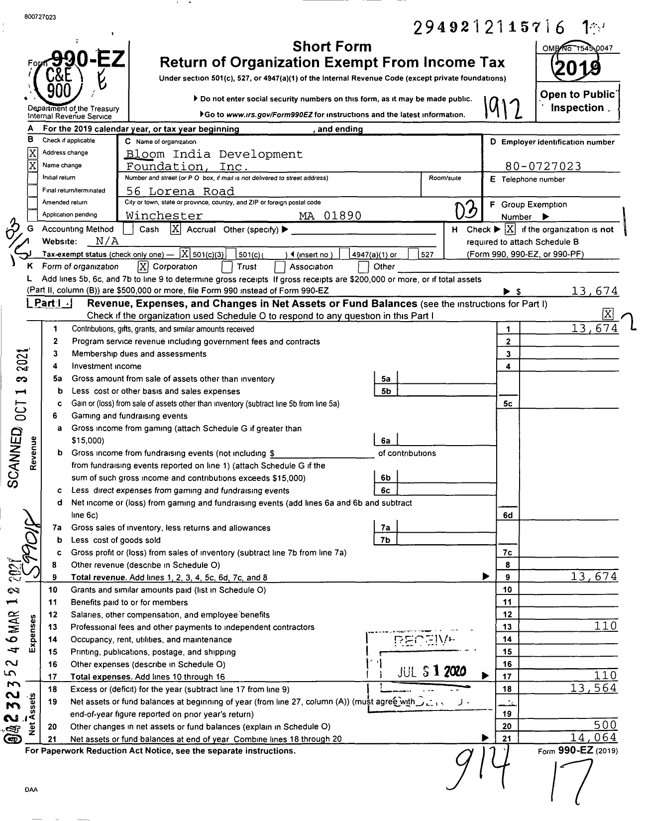 Image of first page of 2019 Form 990EZ for Bloom India Development Foundation