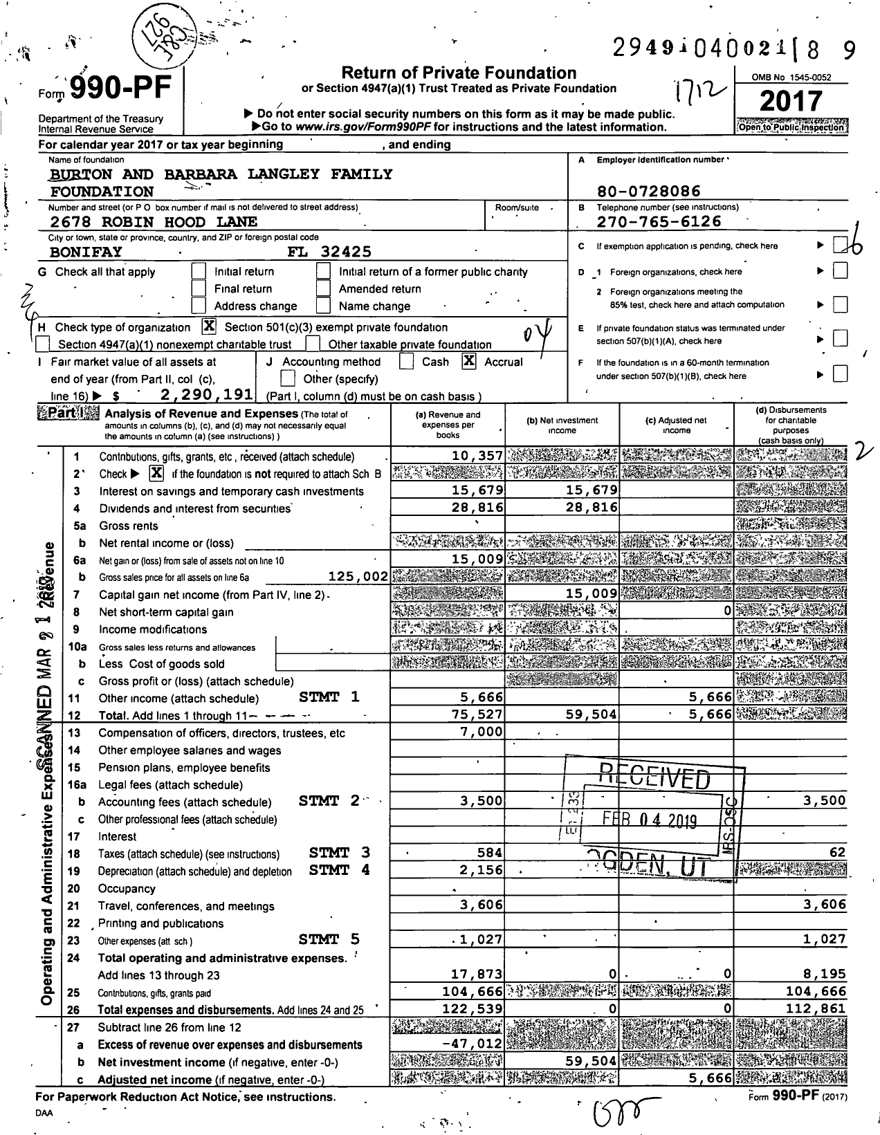 Image of first page of 2017 Form 990PF for Burton and Barbara Langley Family Foundation Langley