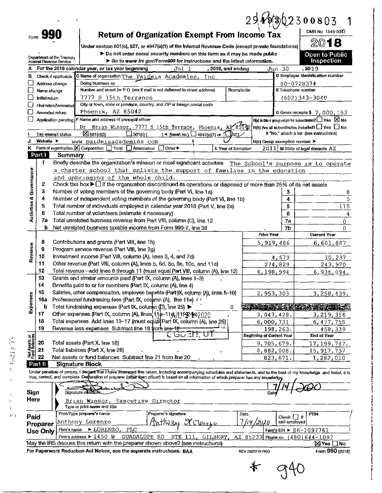 Image of first page of 2018 Form 990 for The Paideia Academies