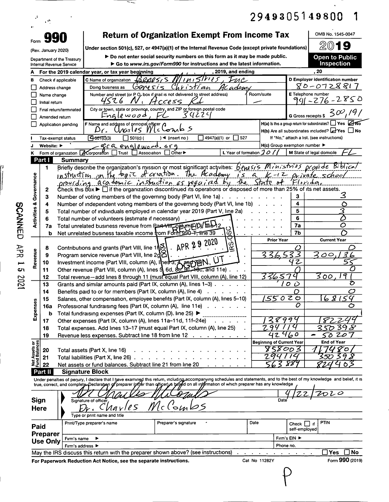 Image of first page of 2019 Form 990 for Genesis Christian Academy / Genesis Ministries