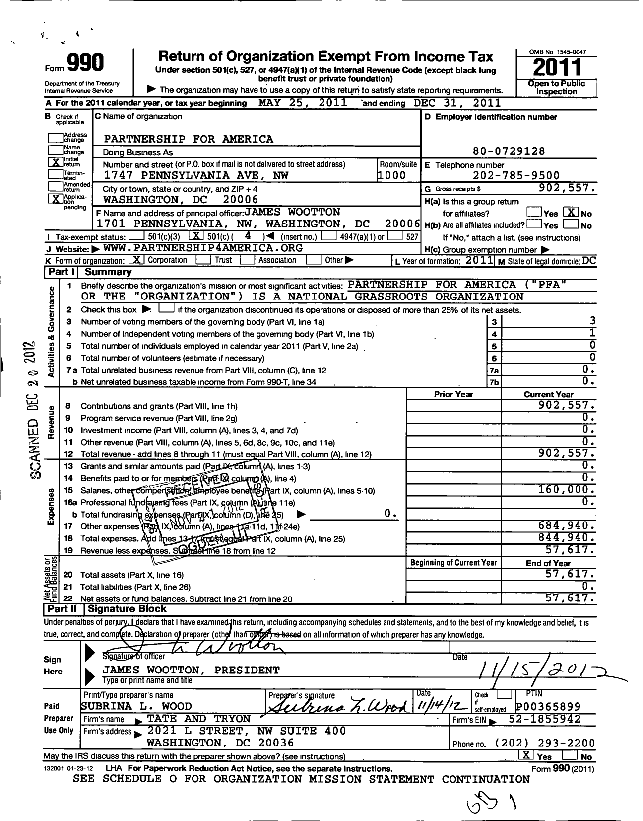 Image of first page of 2011 Form 990O for Partnership for America