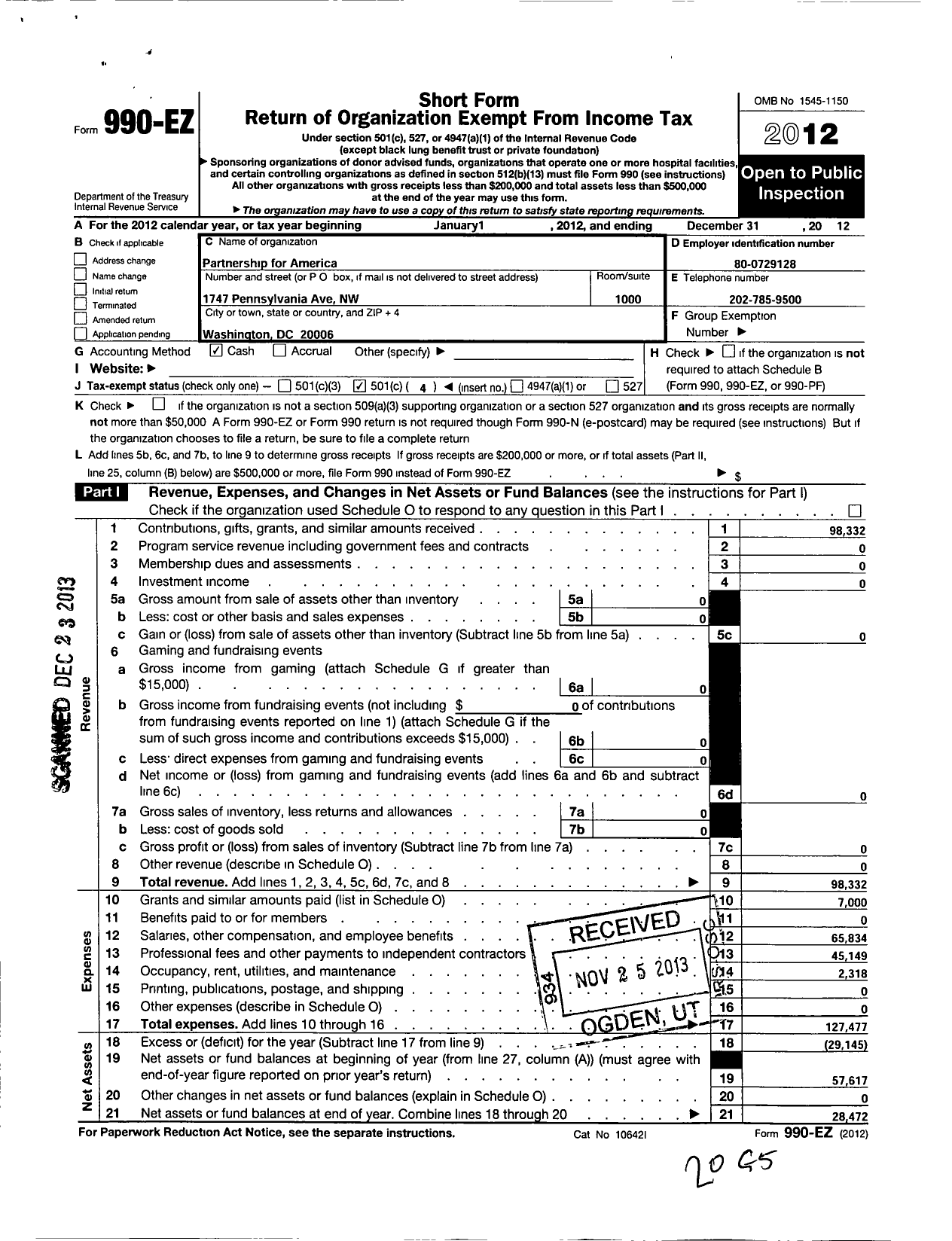 Image of first page of 2012 Form 990EO for Partnership for America