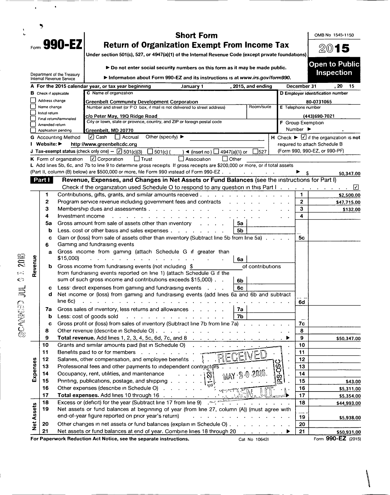 Image of first page of 2015 Form 990EZ for Greenbelt Community Development Corporation