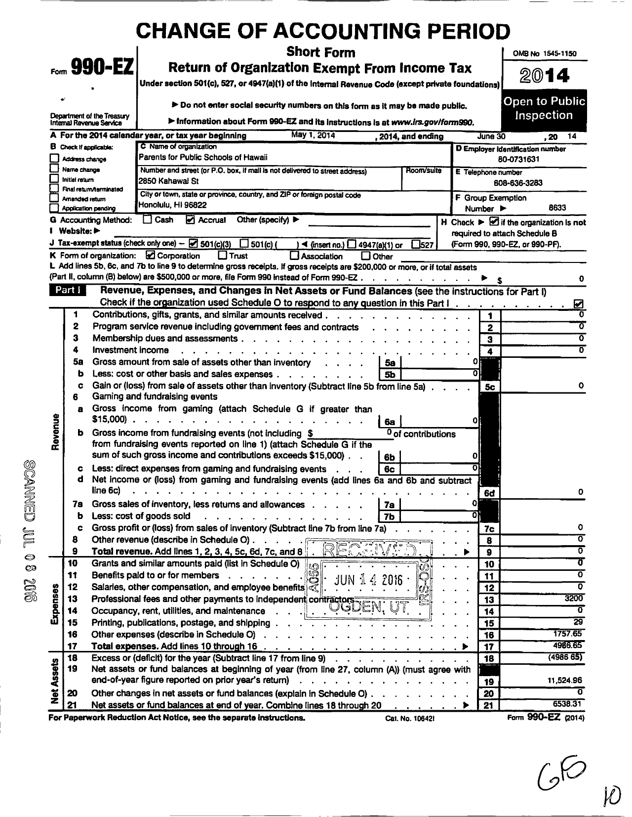 Image of first page of 2013 Form 990EZ for Parents for Public Schools / PPS of Hawaii