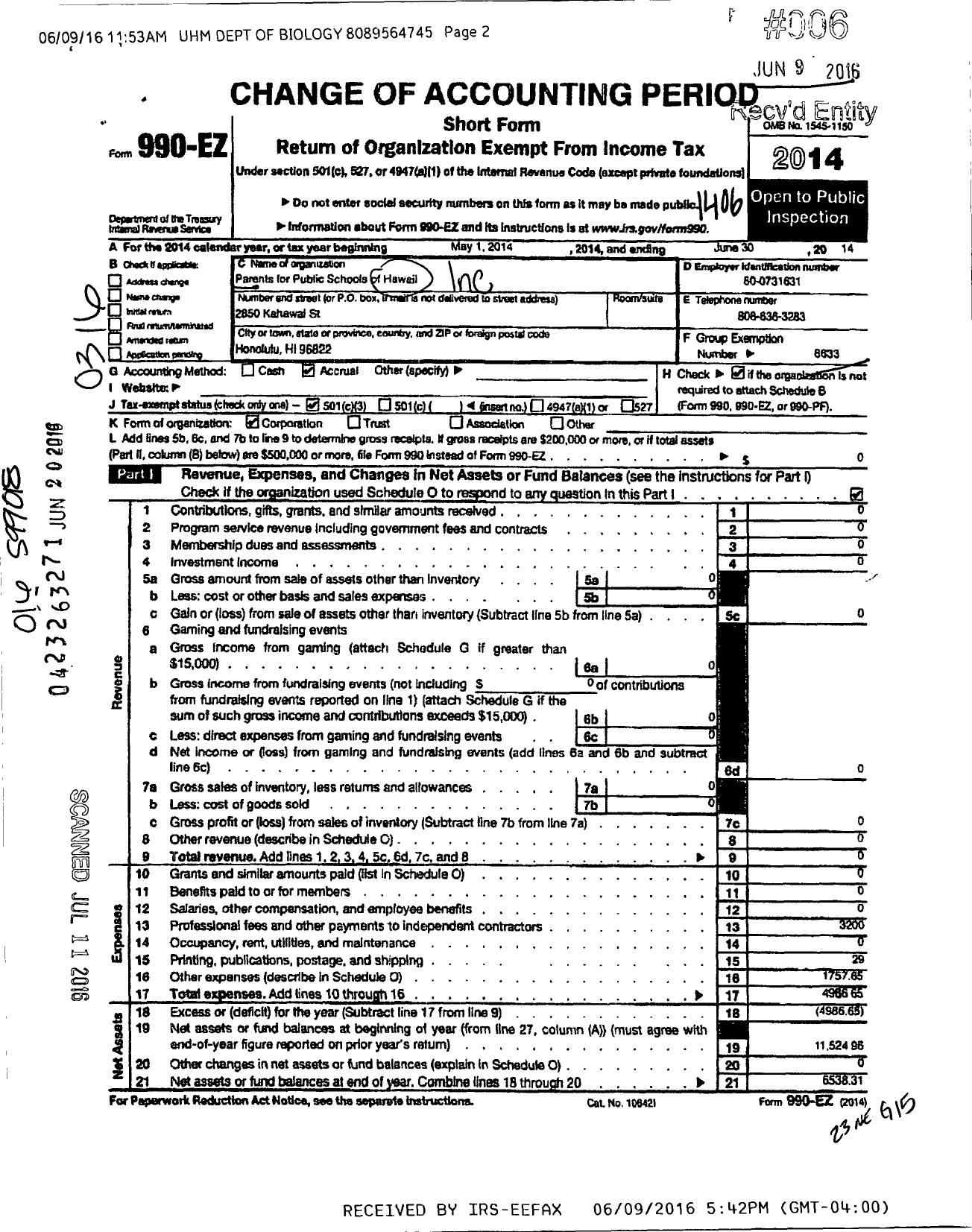 Image of first page of 2013 Form 990EZ for Parents for Public Schools / PPS of Hawaii